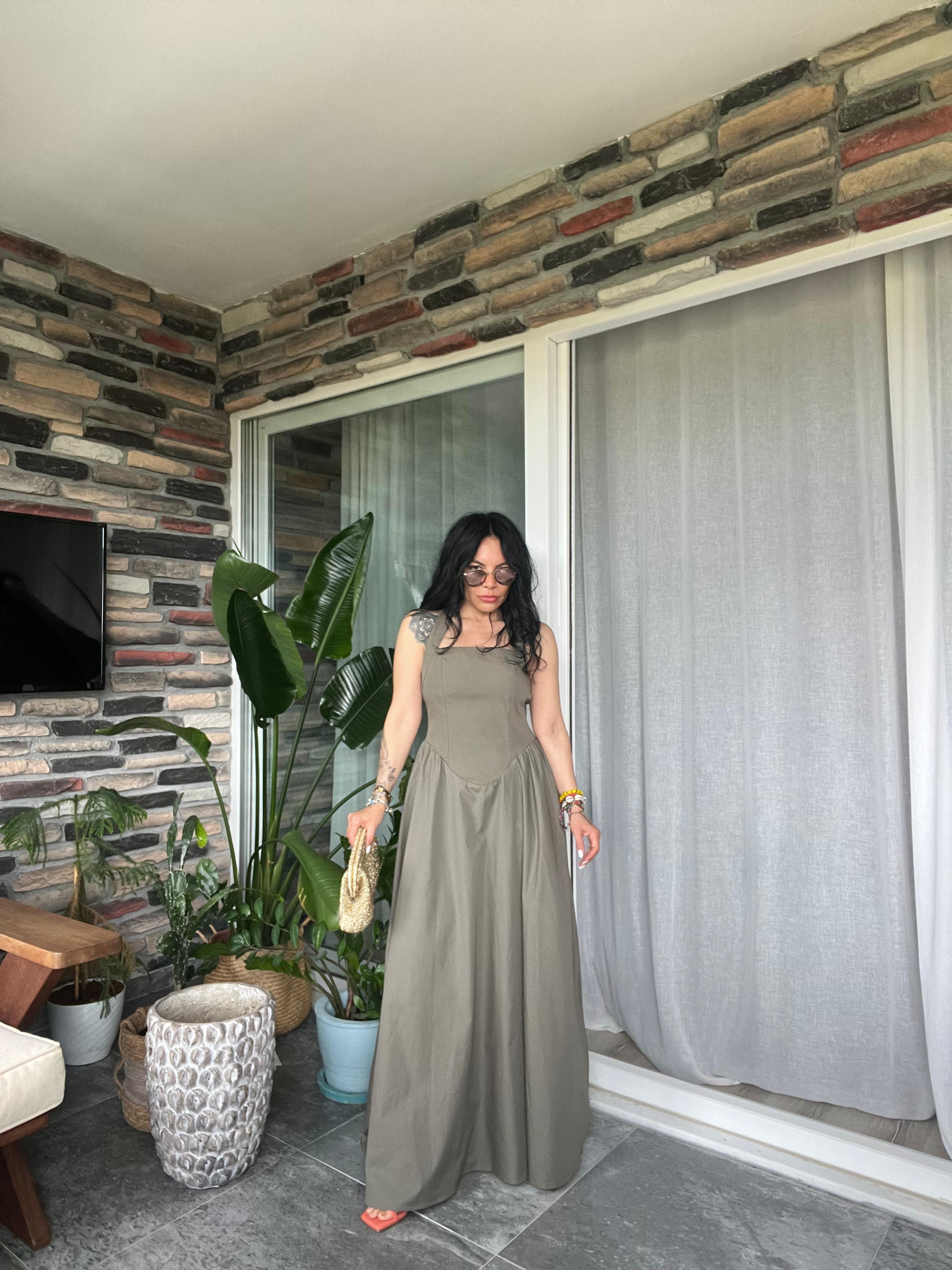 Haki Korse Detaylı Elbise 