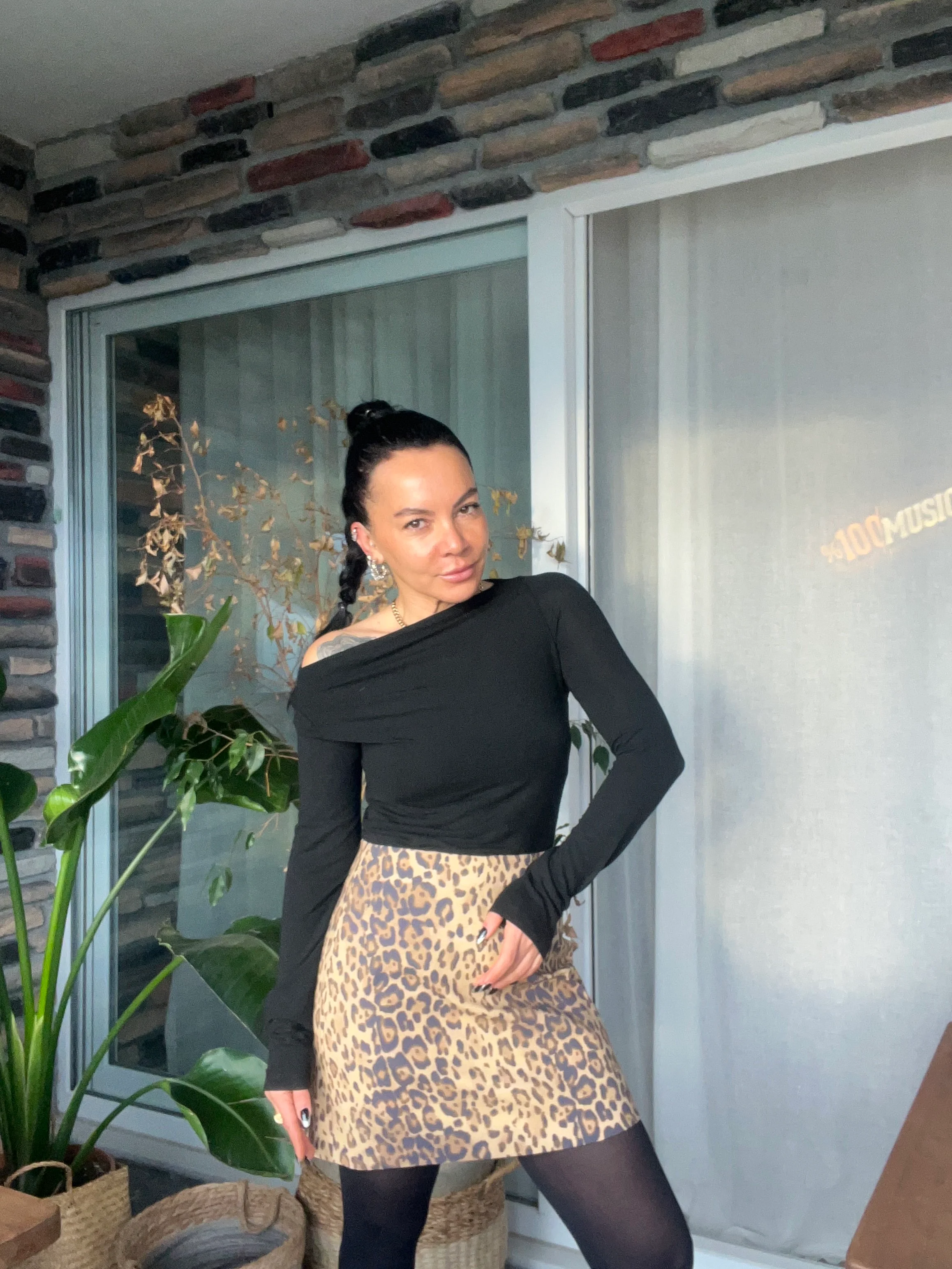 İnce Gabardin Leopar Desen Mini Etek (Kahve)