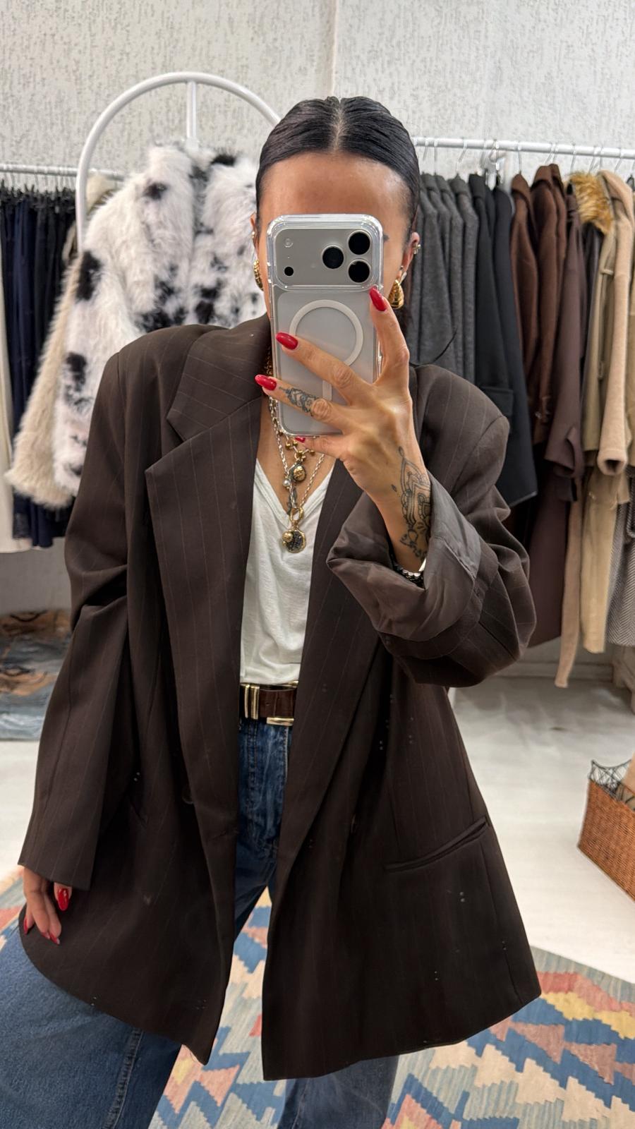 Kahve Çizgili Oversize Blazer Ceket 