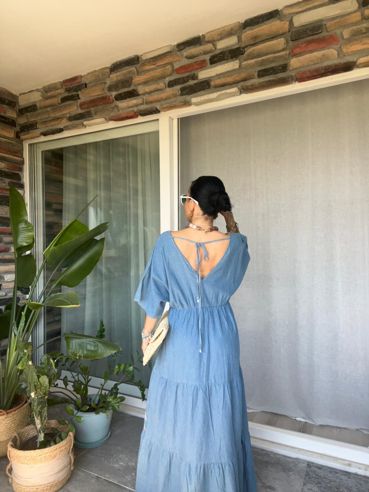 Nakışlı İnce Denim Bohem Elbise