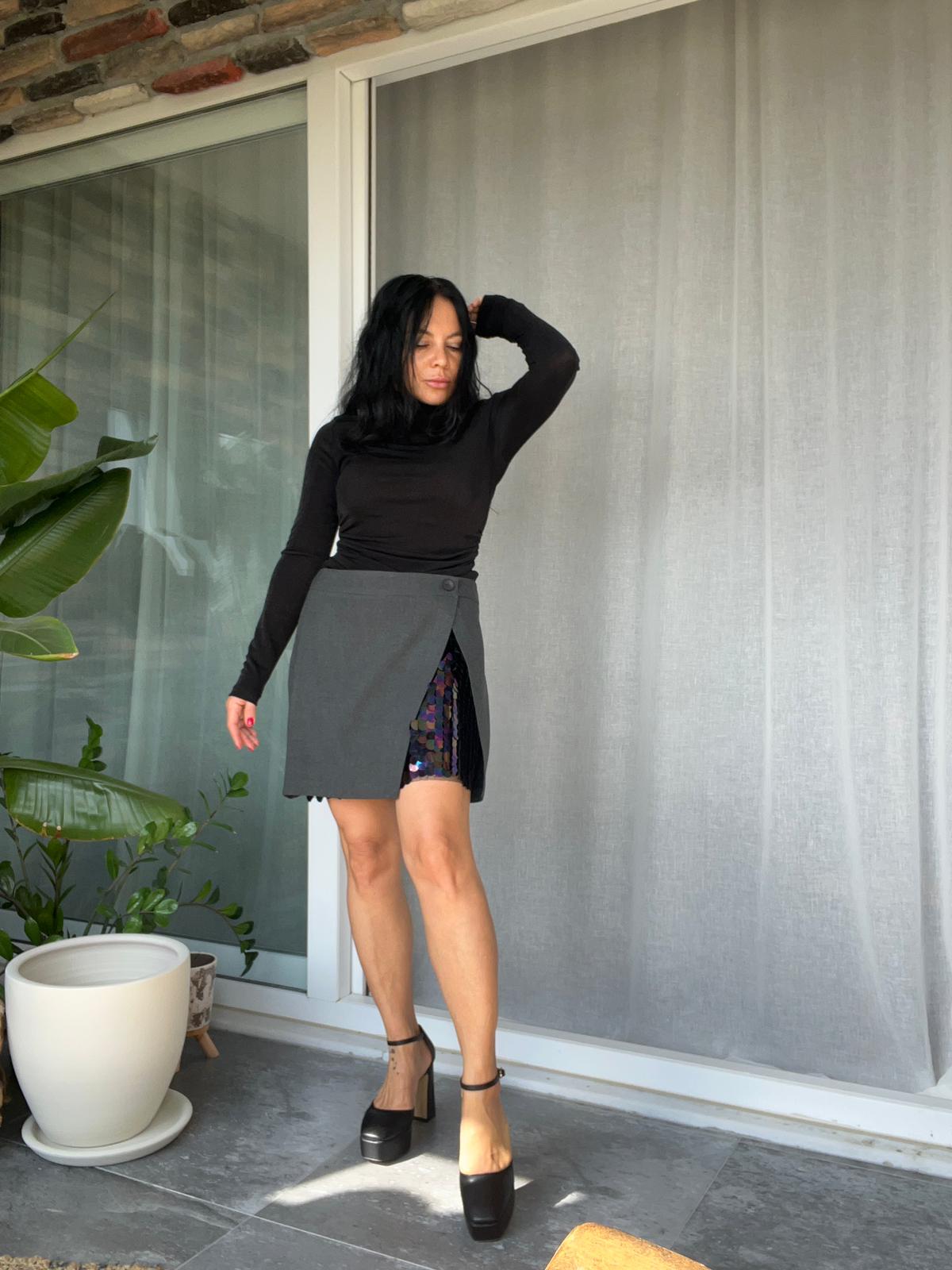 Antrasit Payet Detaylı Mini Etek 