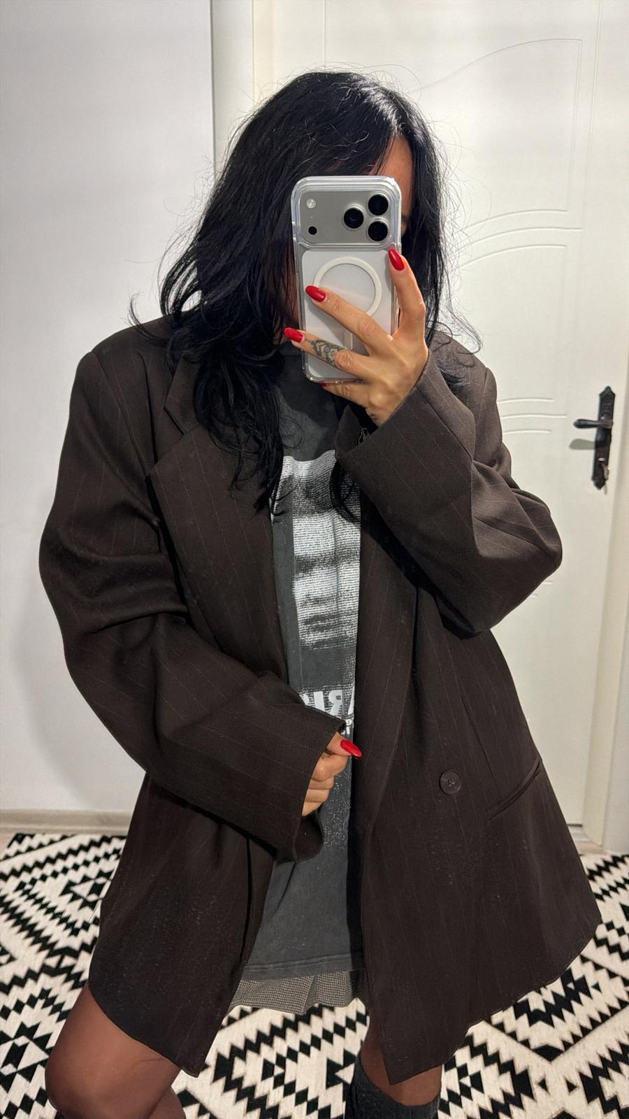 Kahve Çizgili Oversize Blazer Ceket 