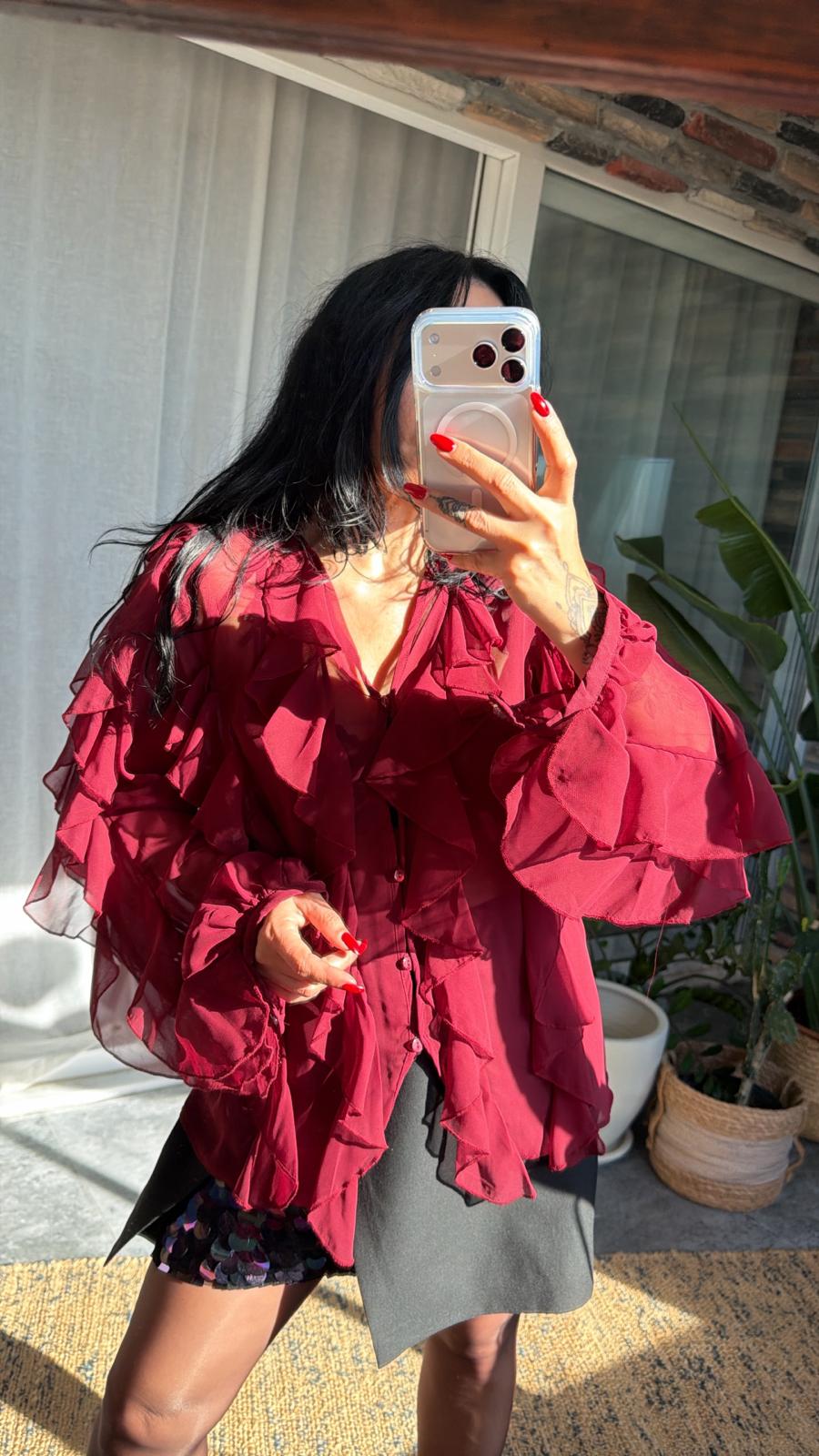 Bordo Fırfırlı Şifon Gömlek