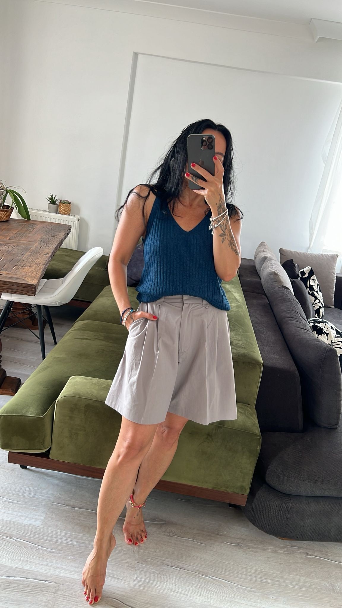 Mavi Askılı Triko Bluz