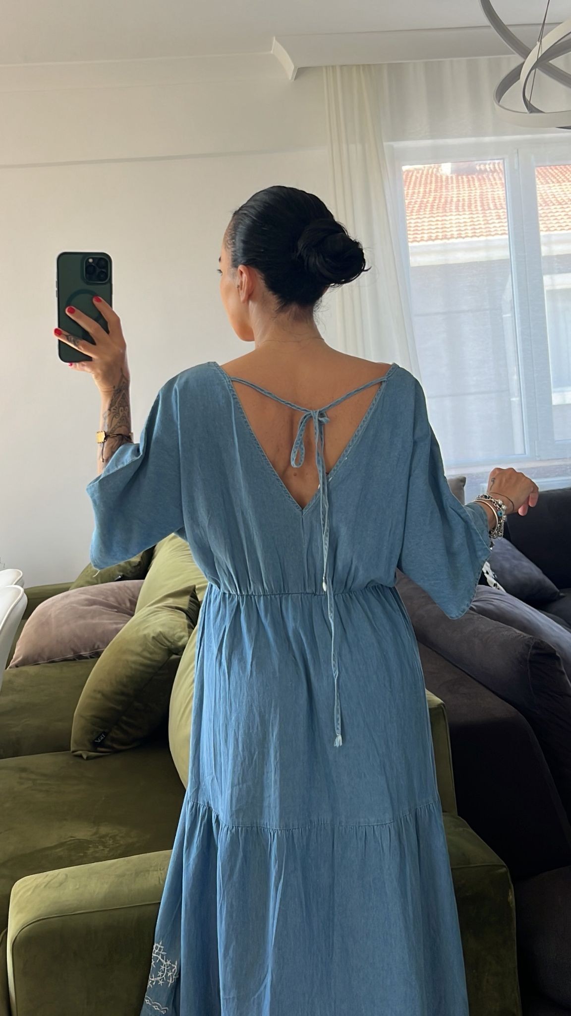 Nakışlı İnce Denim Bohem Elbise