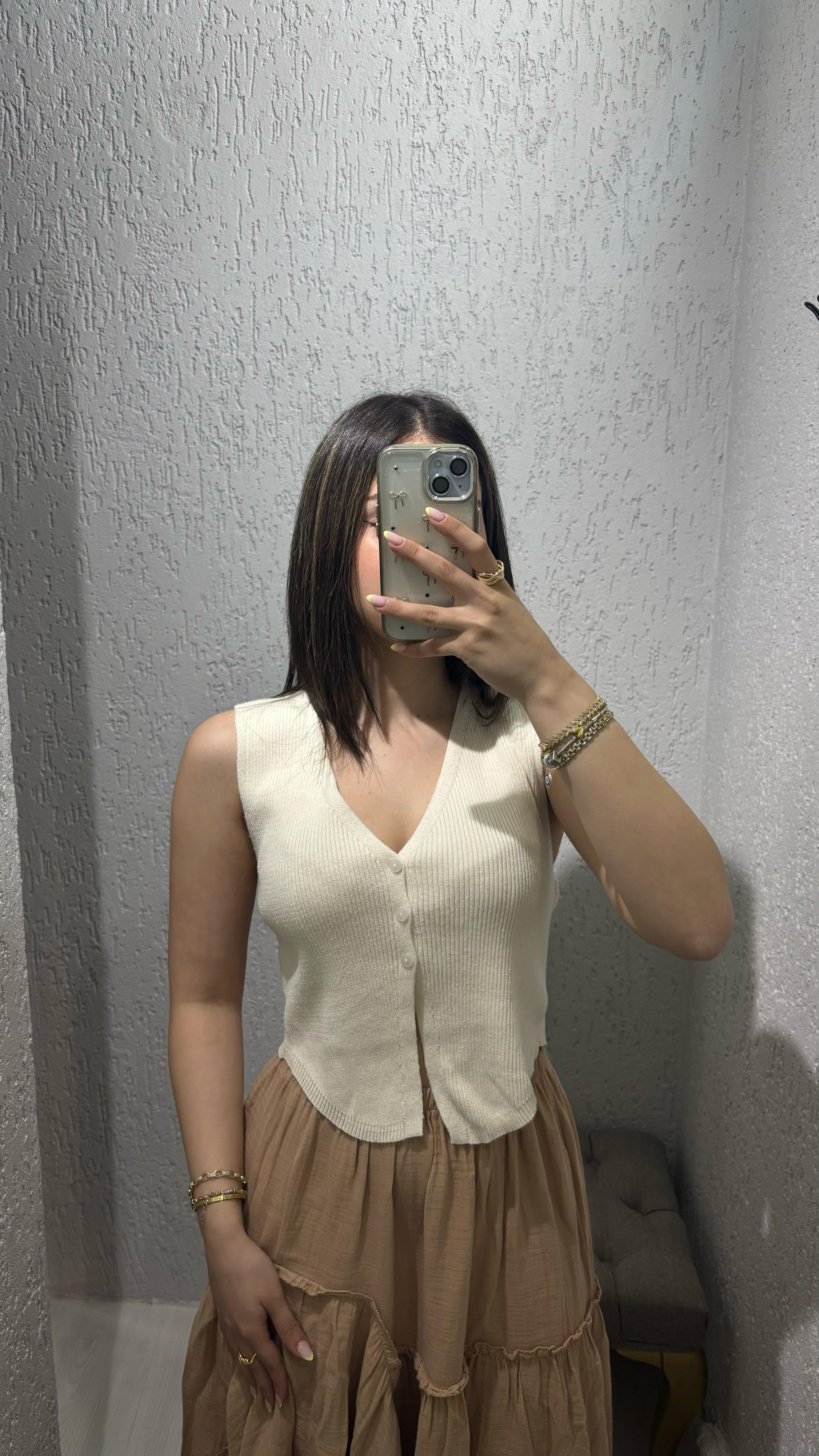 Fitilli Ekru Triko Yelek