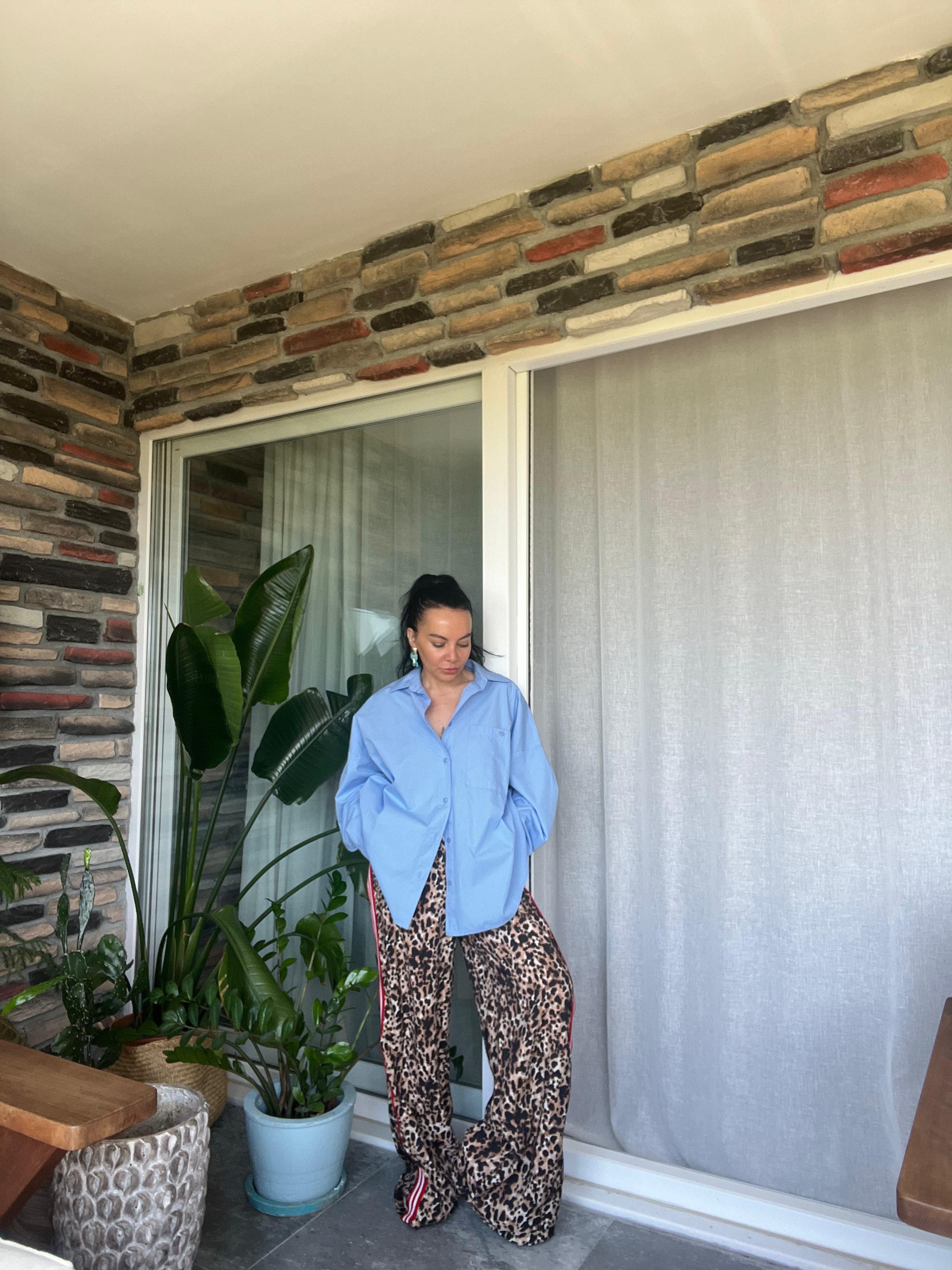 Beli Lastikli Şerit Detay Leopar Pantolon