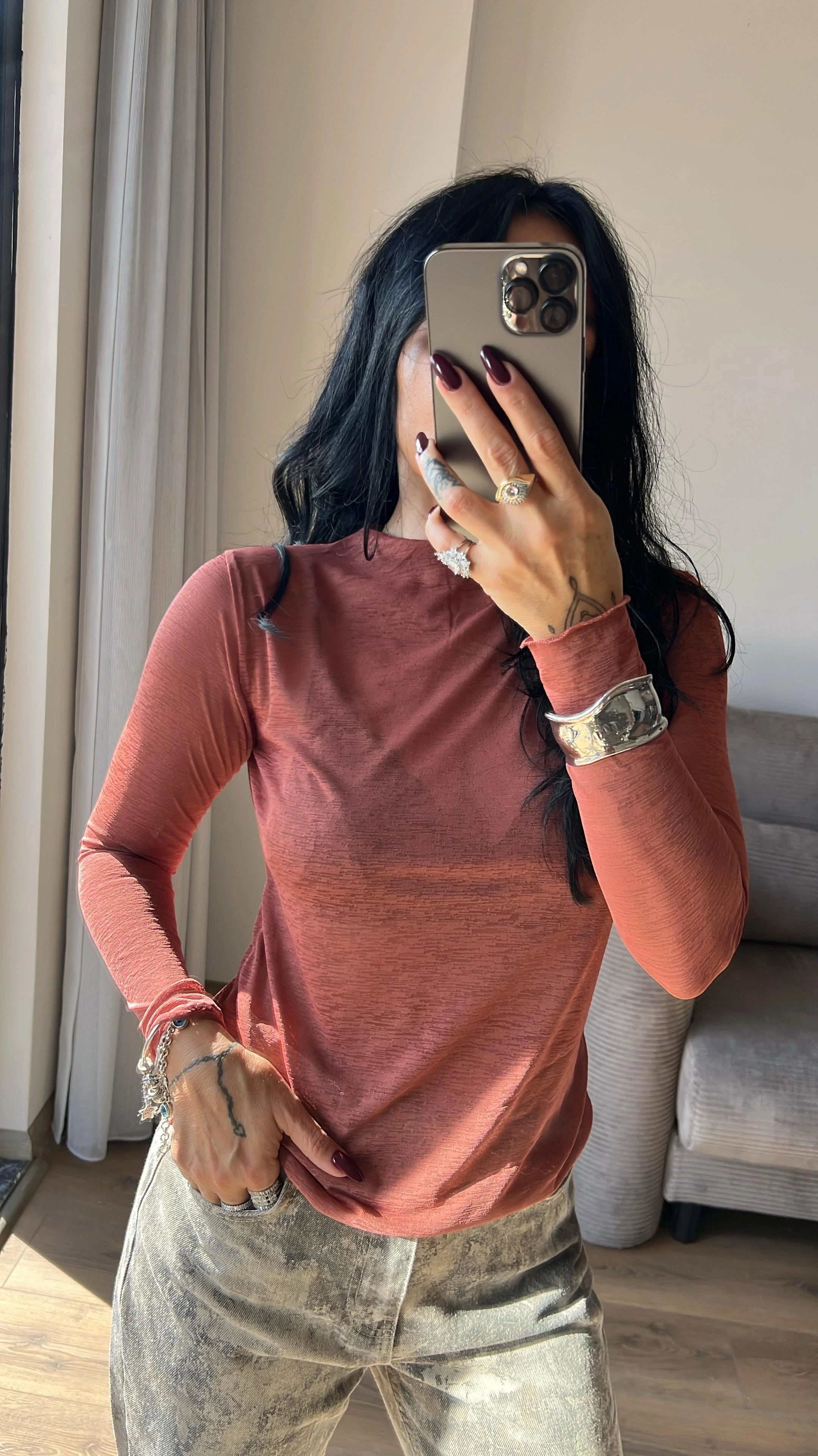 Gül Kurusu Transparan Bluz