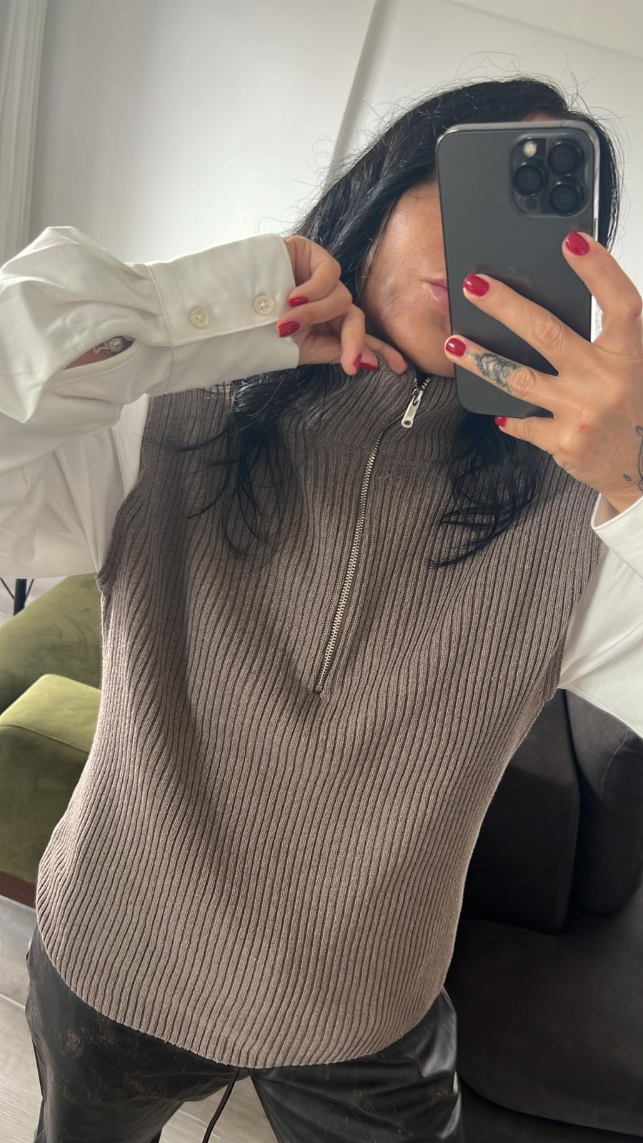 ZR Yarım Fermuarlı Vizon Triko Kazak