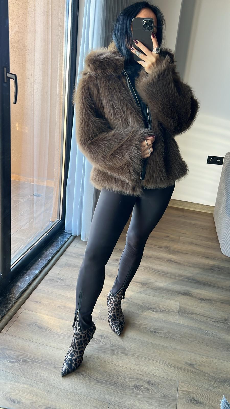 Parlak Doku Fermuar Detaylı Tayt - Acı Kahve