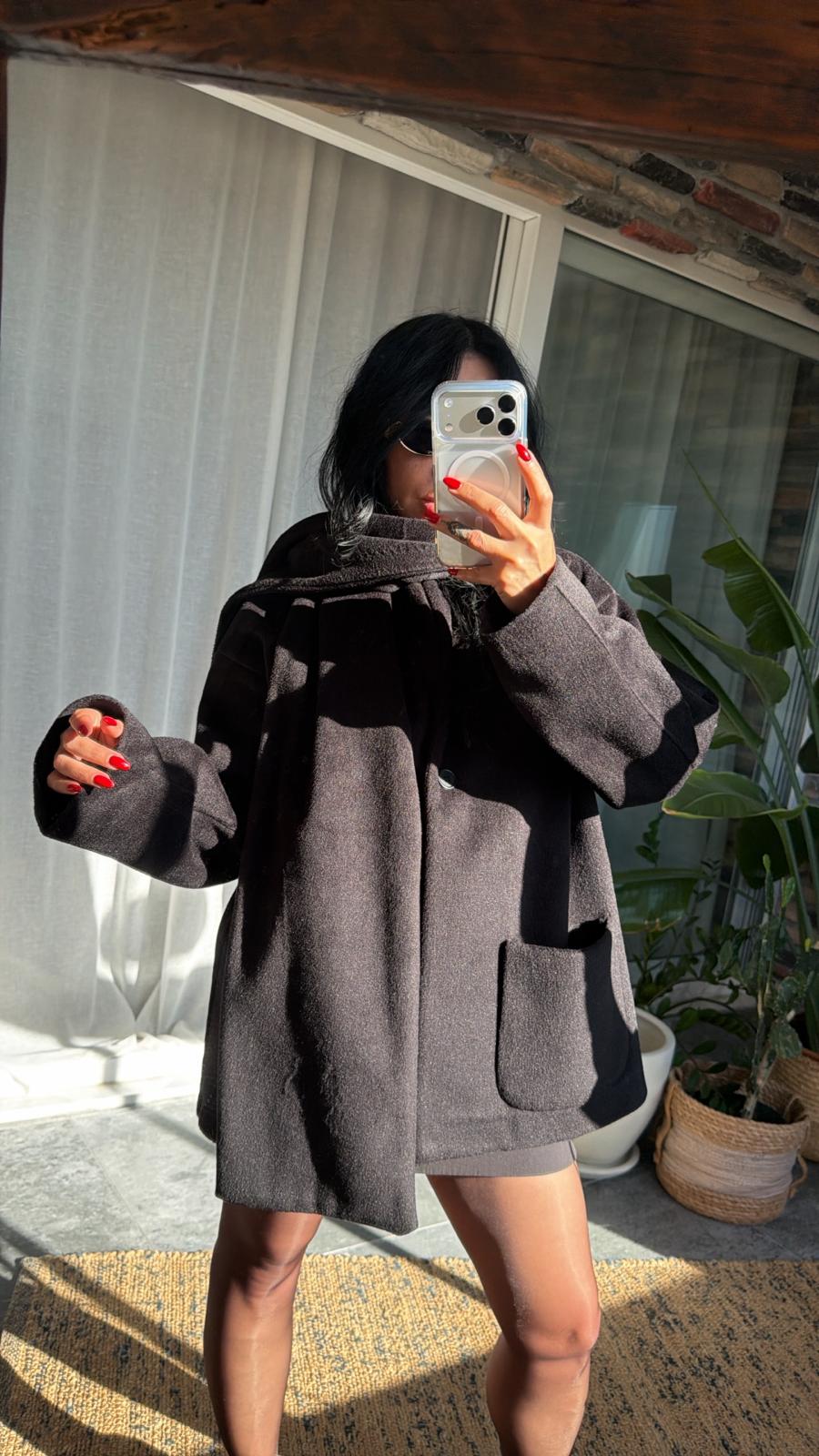 Şal Detaylı Düğmeli Kaşe Ceket - Siyah