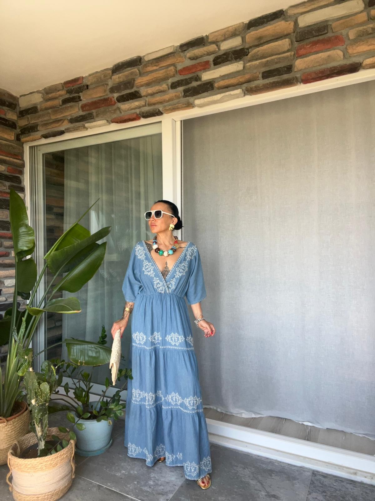 Nakışlı İnce Denim Bohem Elbise