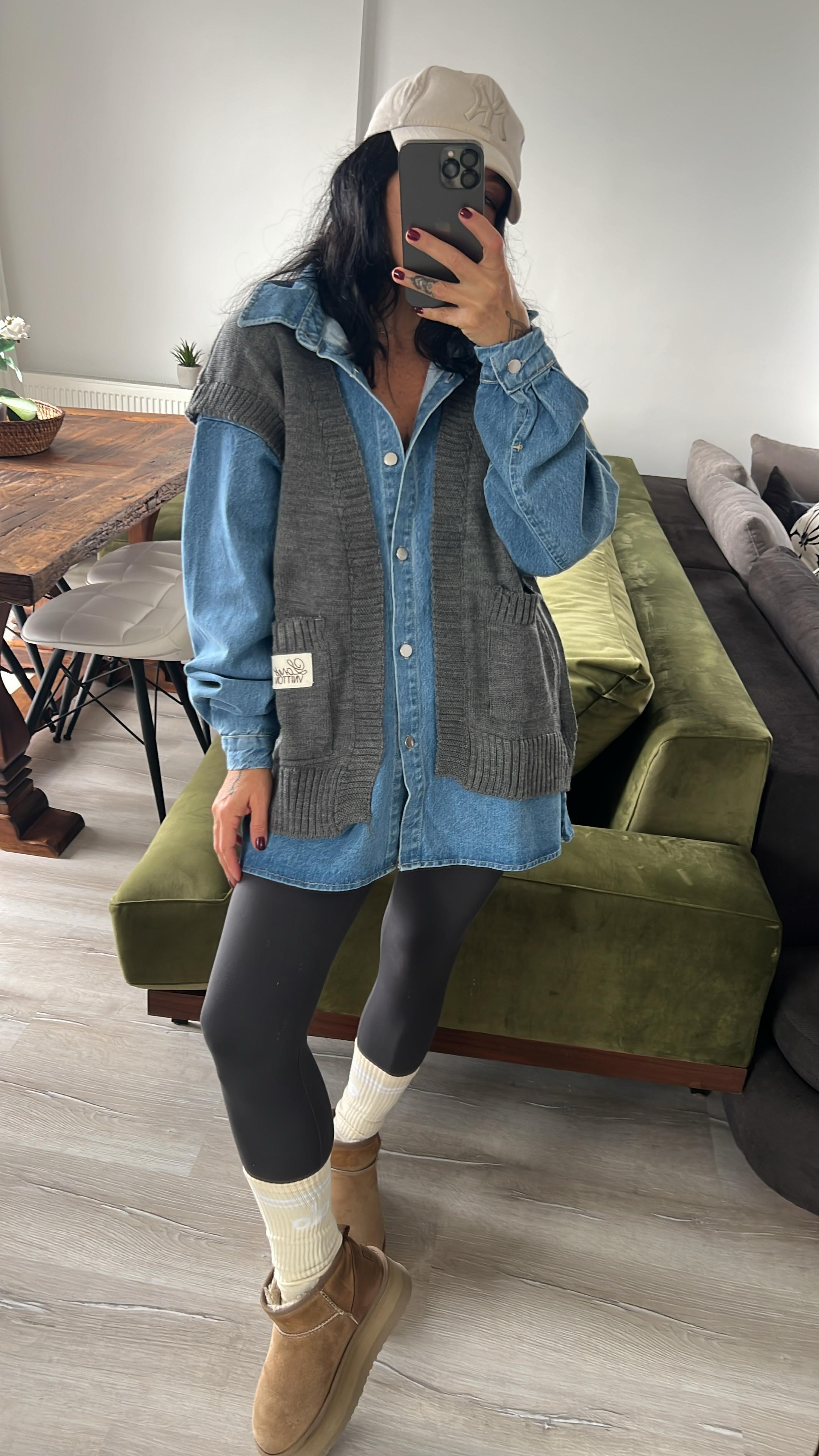 Garnili Triko Detaylı Denim Gömlek