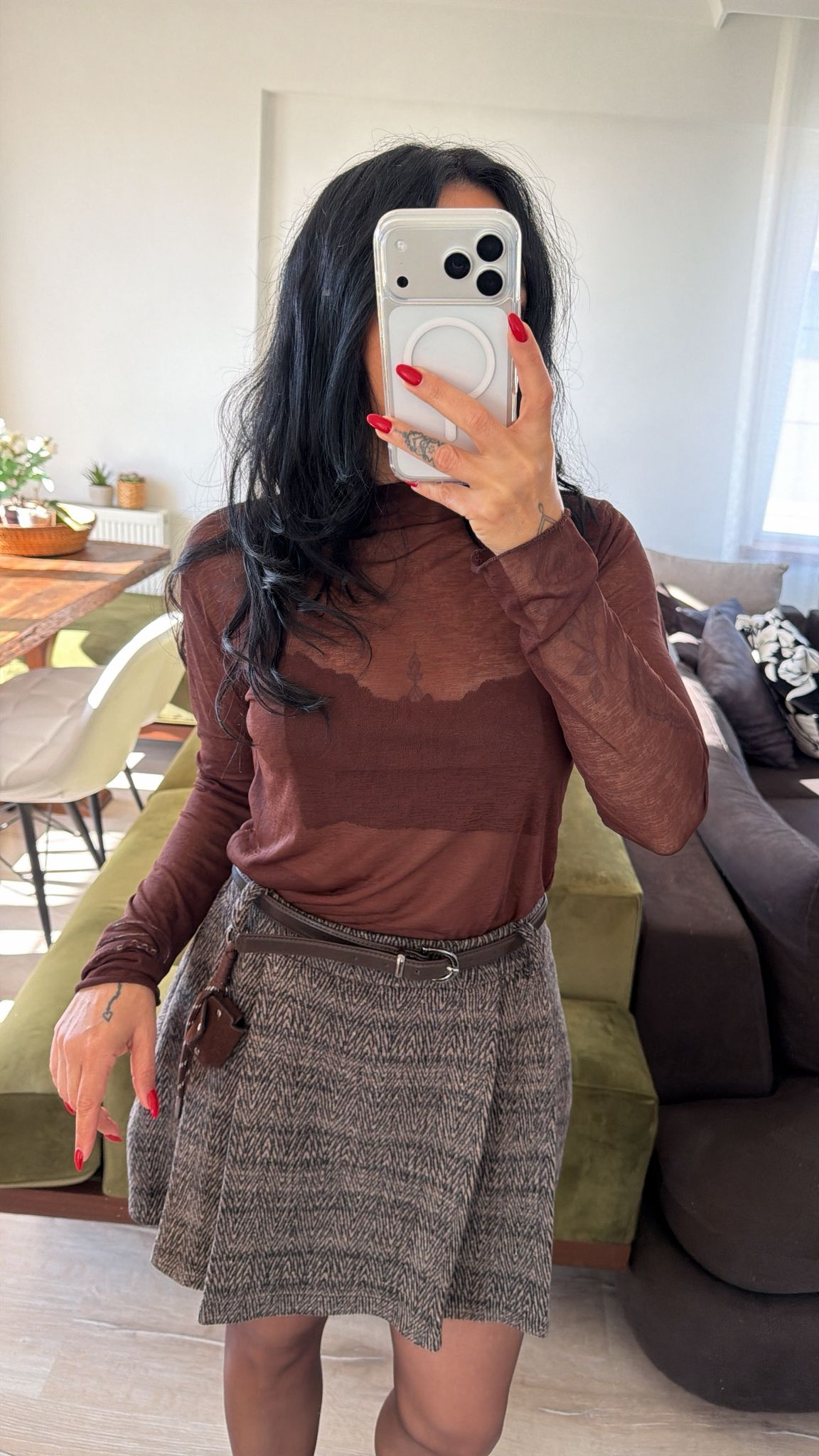 Desenli Aksesuar Detaylı Kahve Etek 