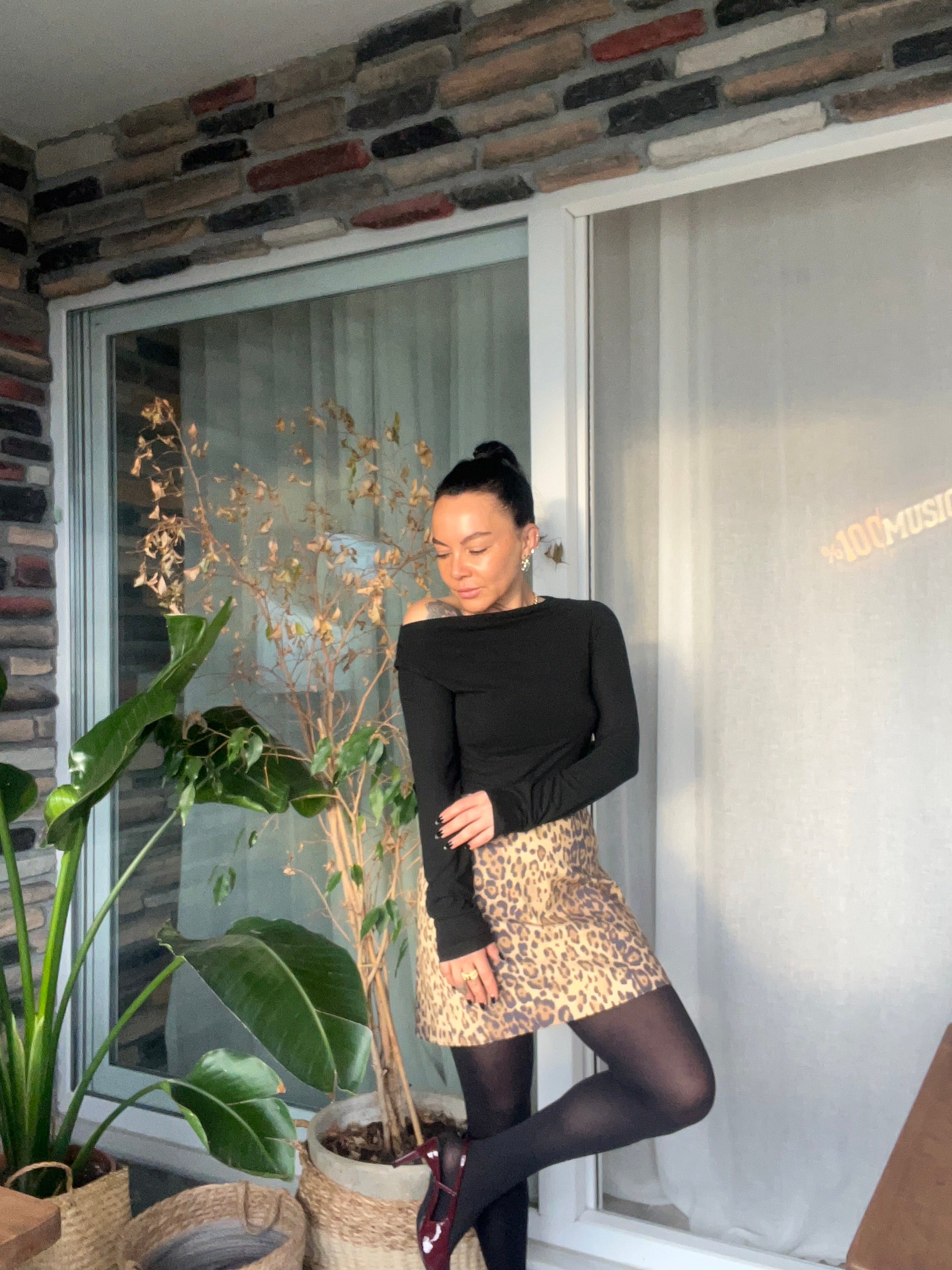 İnce Gabardin Leopar Desen Mini Etek (Kahve)