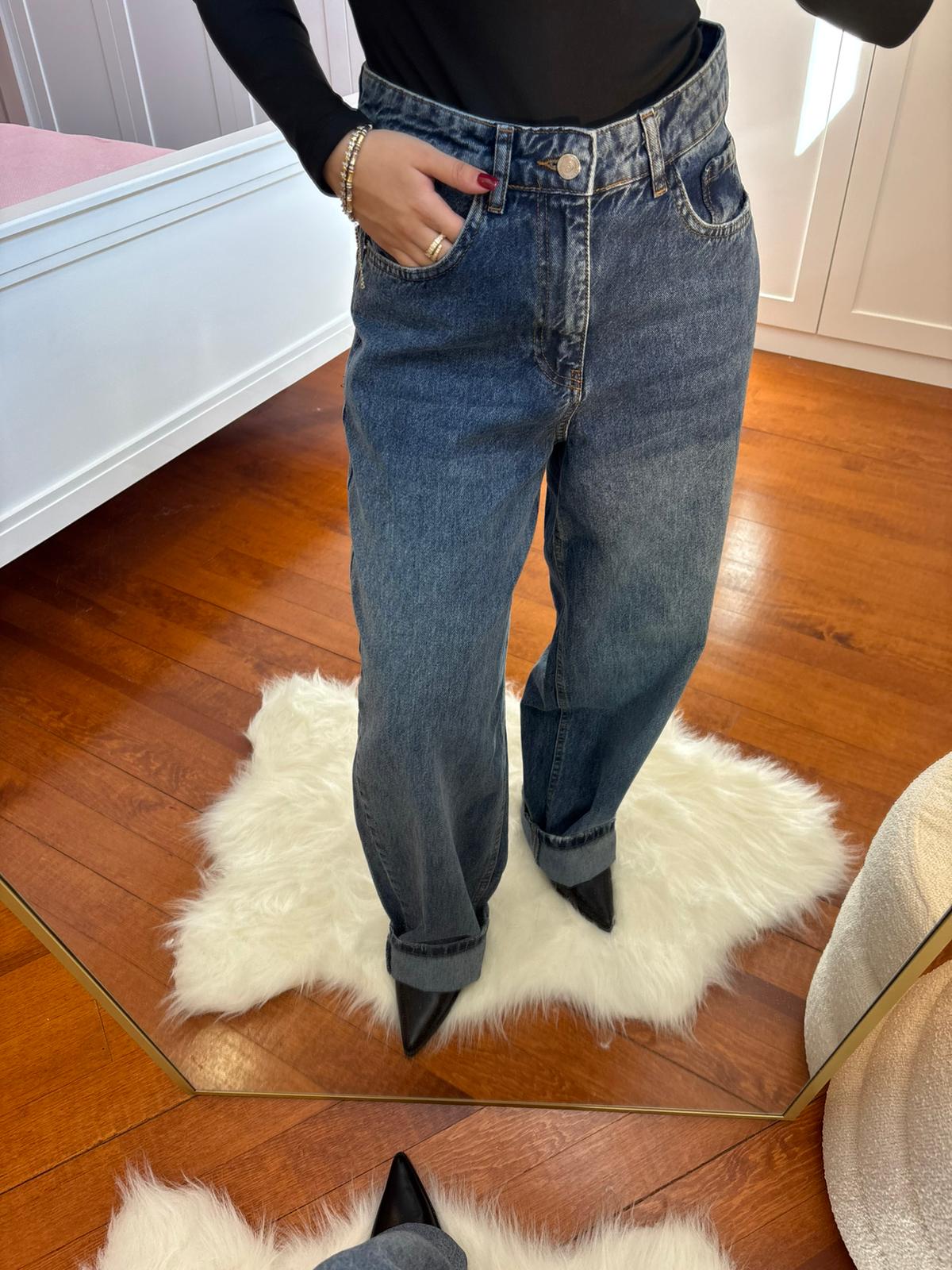 Koyu Mavi Kar Yıkamalı Baggy Jean