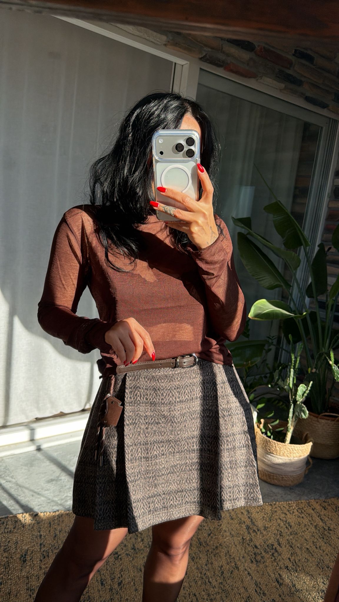 Desenli Aksesuar Detaylı Kahve Etek 