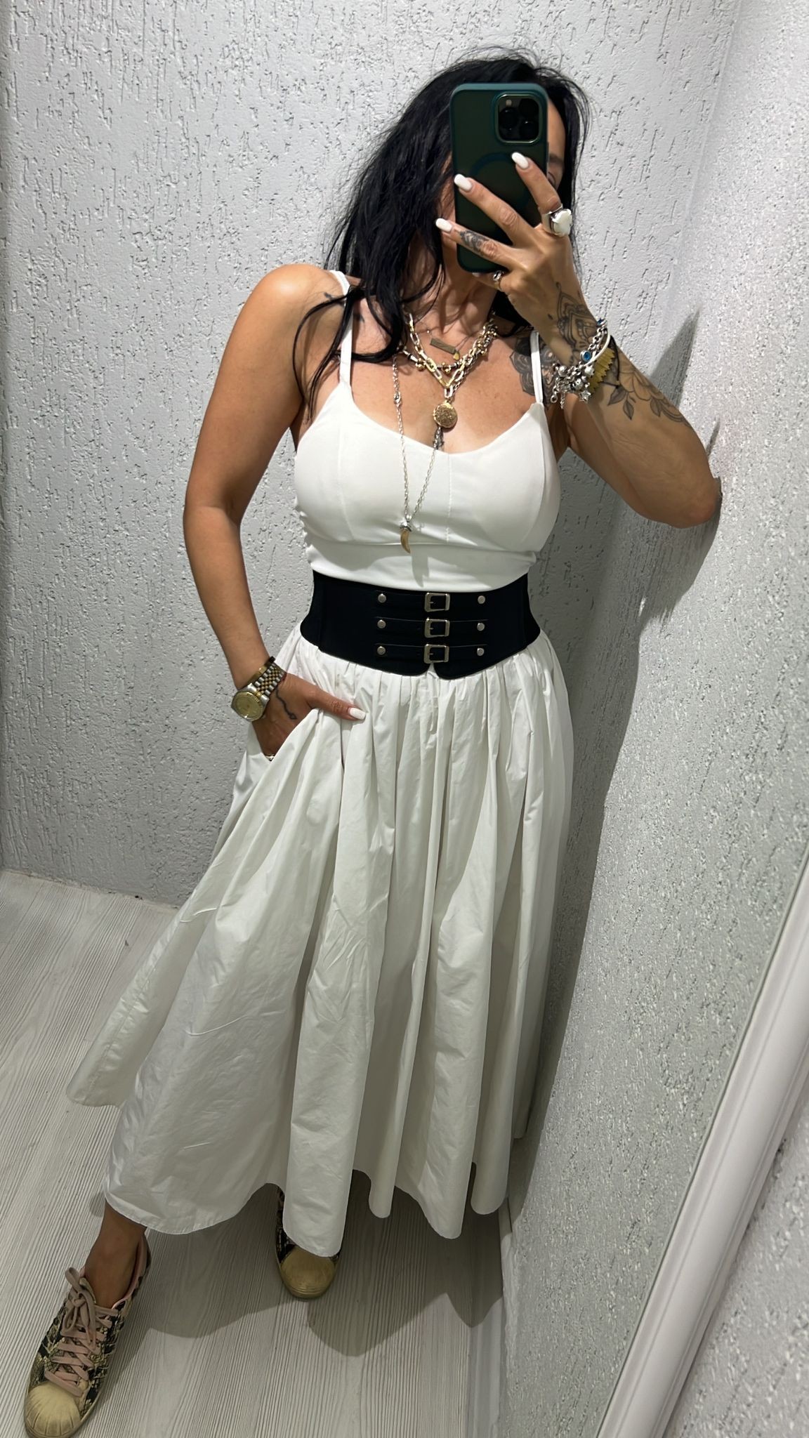 Korse Kemerli Uzun Etek  - Beyaz