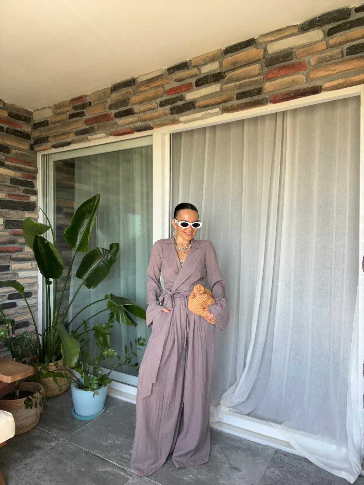 Gofre Bluz Pantolon Takım - Mürdüm