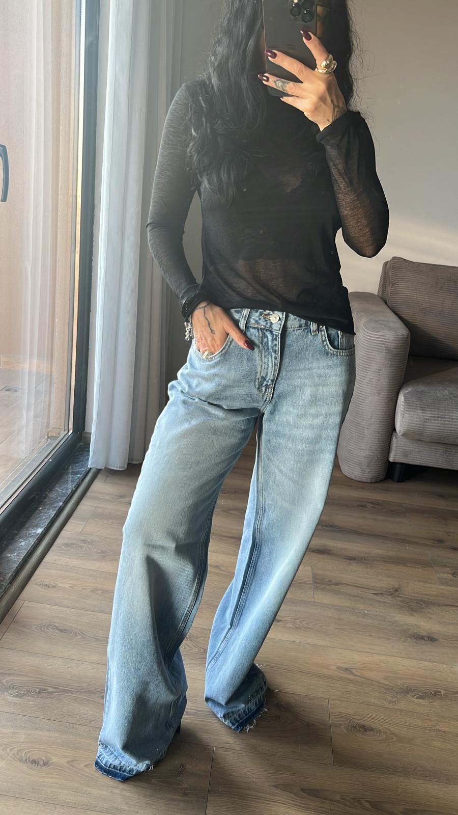 Paça Ucu İzli Orta Bel Mavi Denim Pantolon