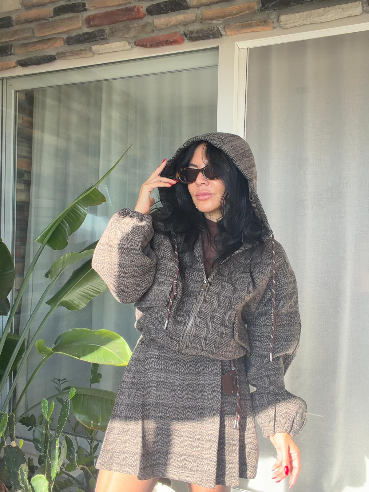 Kahve Balıksırtı Desenli Kapüşonlu Ceket