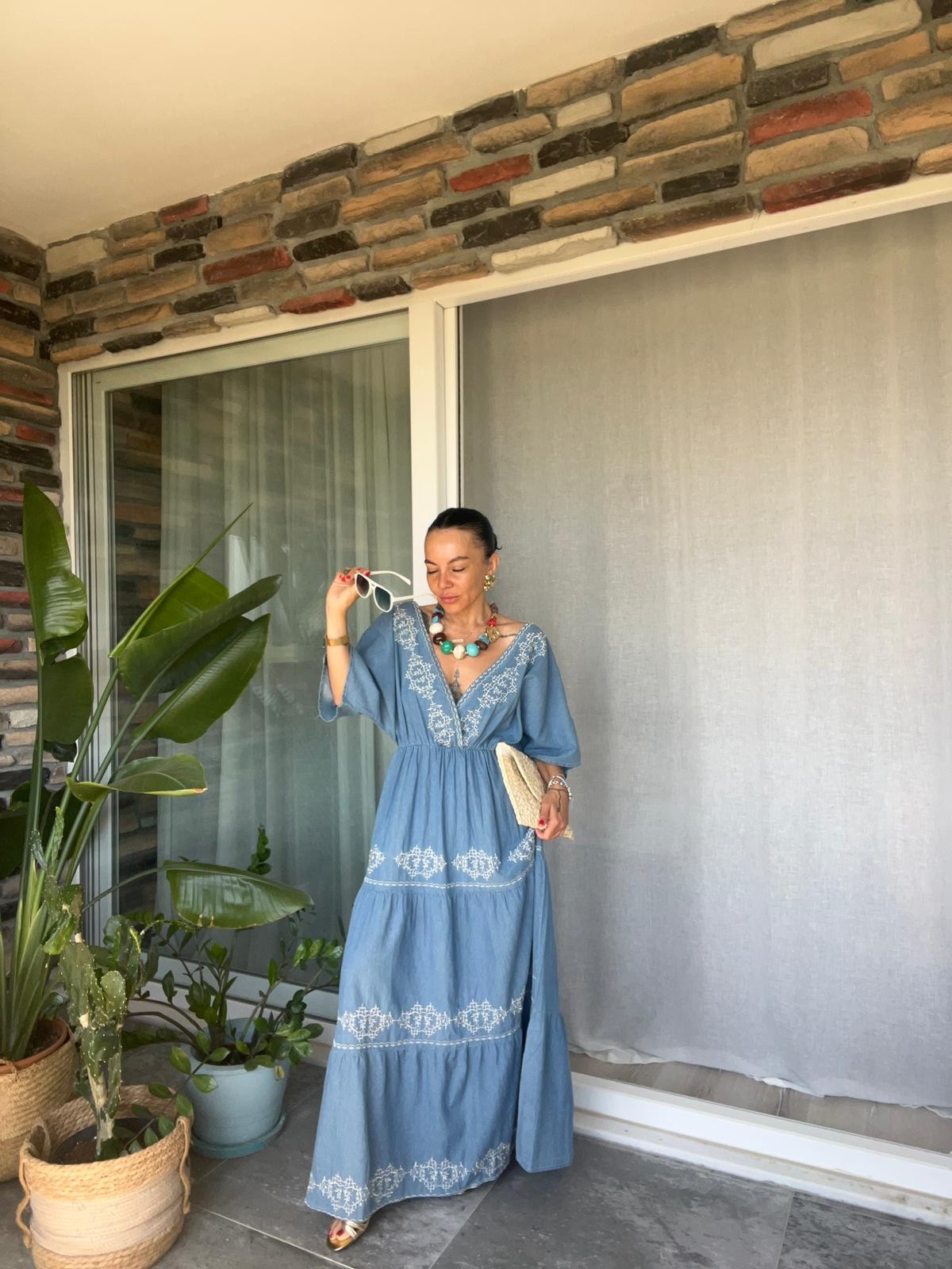 Nakışlı İnce Denim Bohem Elbise