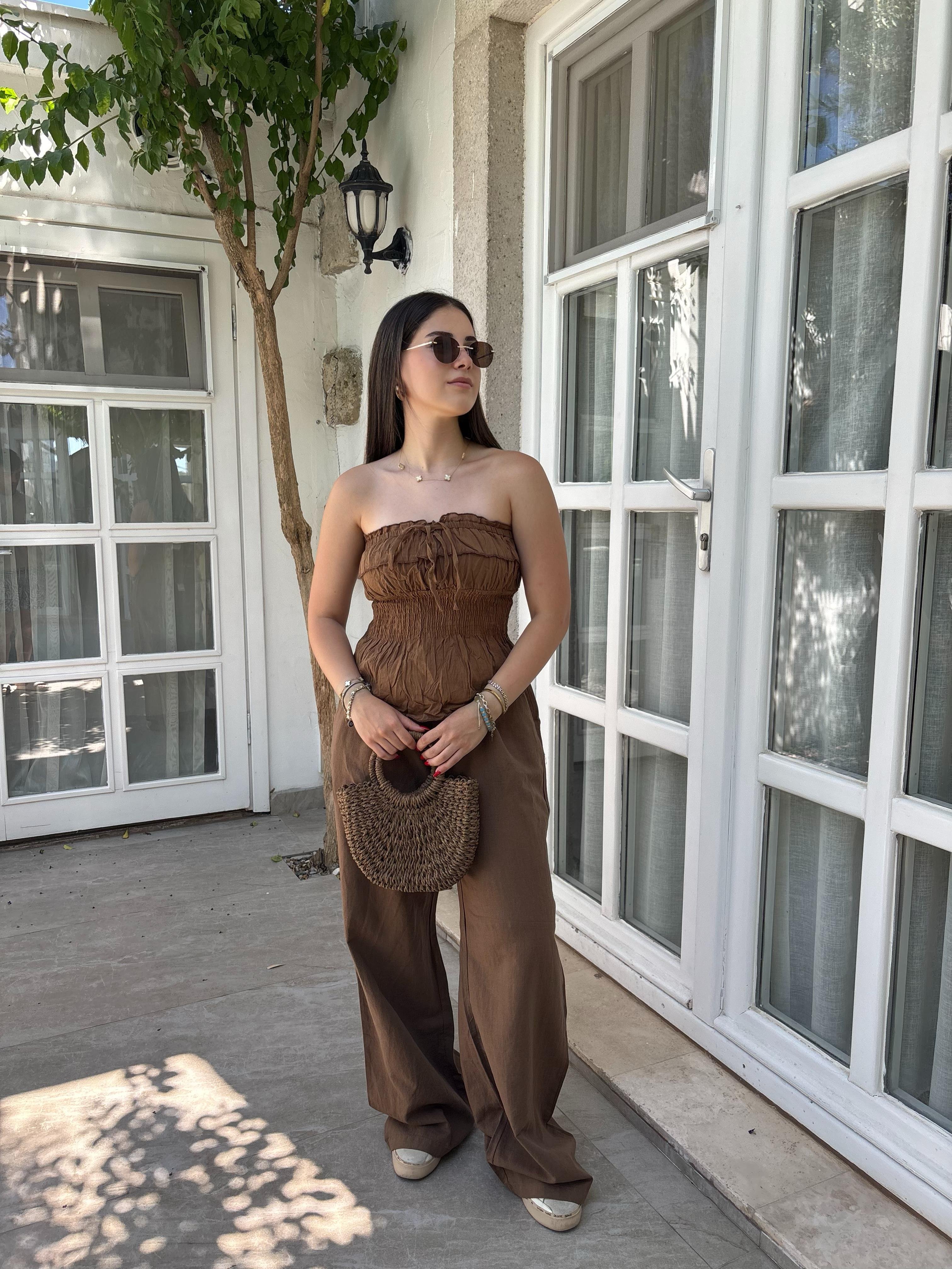 Saplı Kahve Hasır Çanta