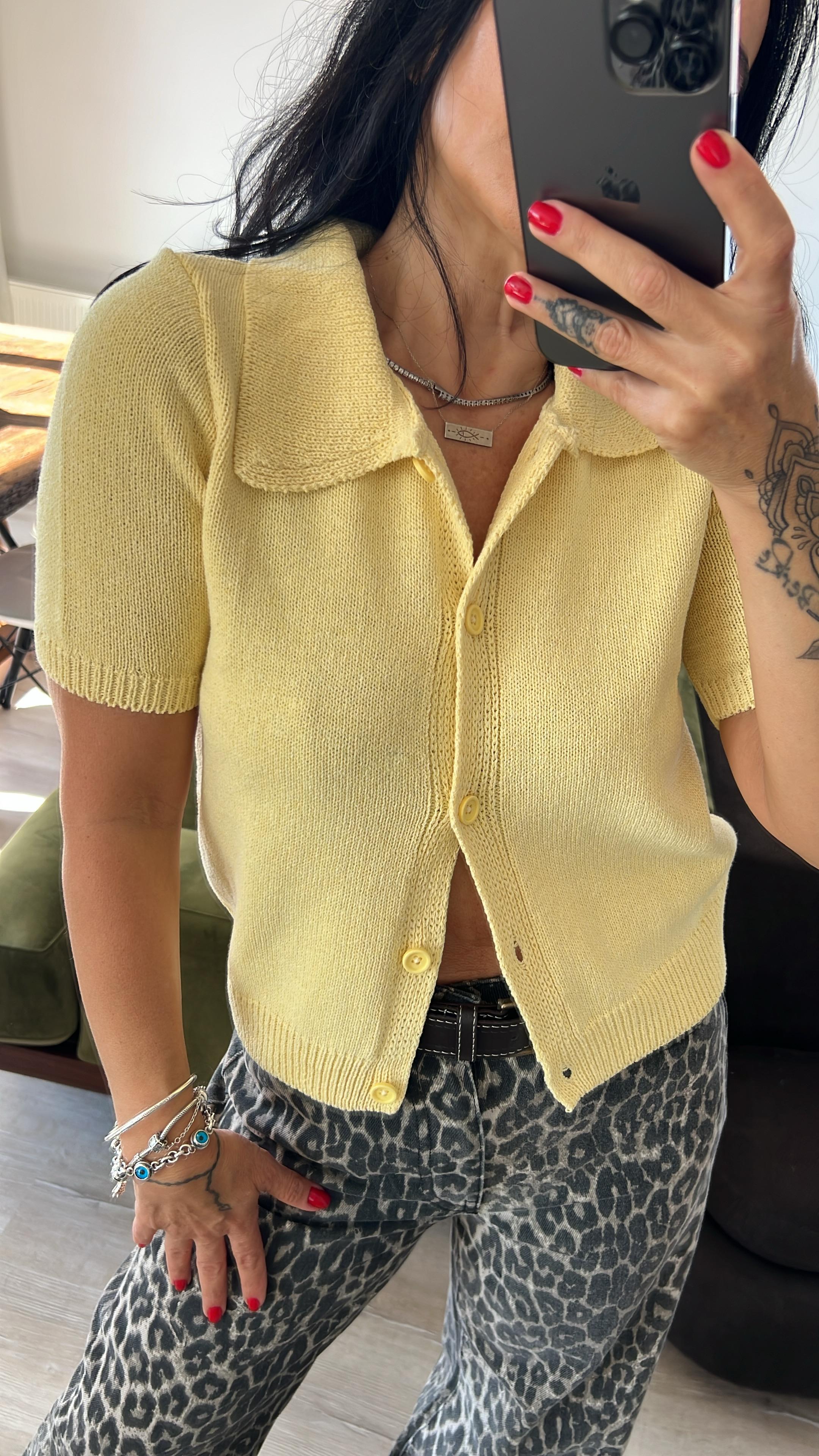 Orj Gömlek Yaka Sarı Triko Hırka