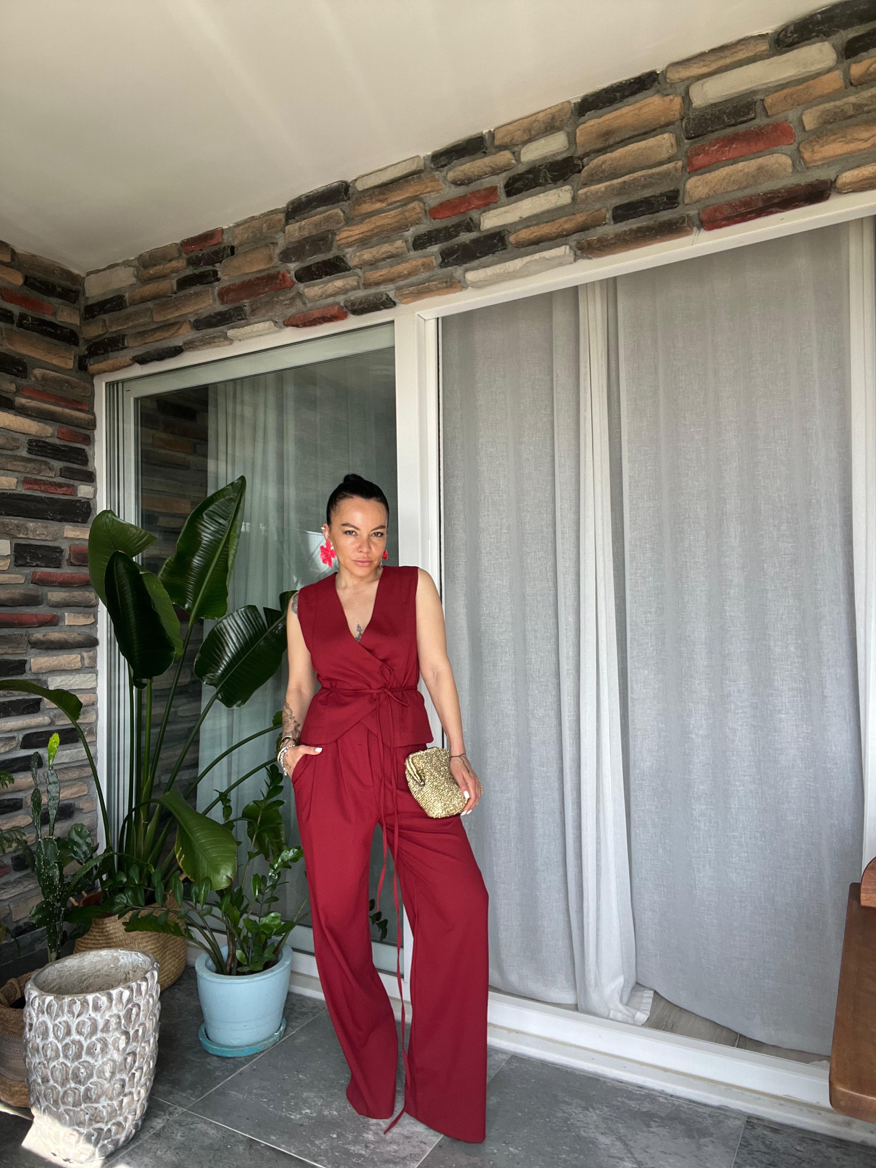 Bordo Bağlamalı Yelek Pantolon Takım 