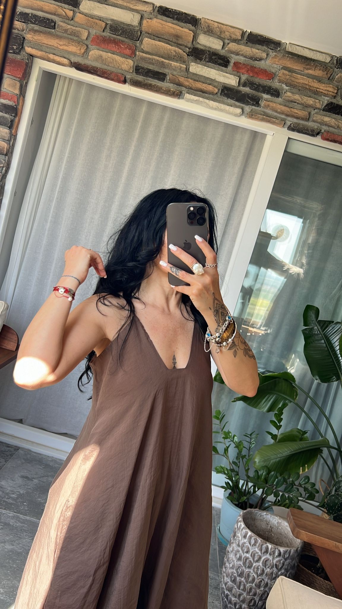 Askılı Kahve Keten Elbise