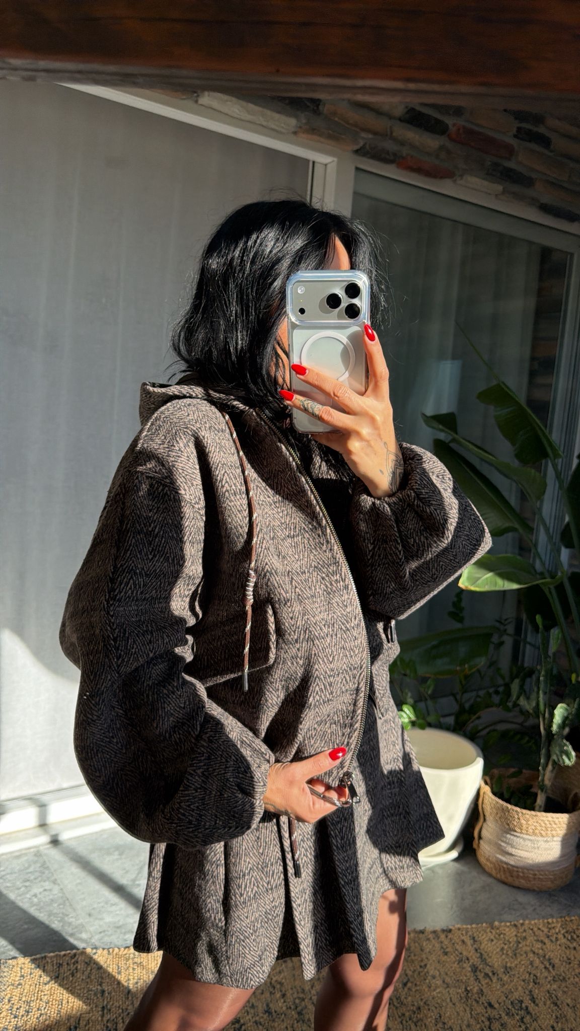 Kahve Balıksırtı Desenli Kapüşonlu Ceket