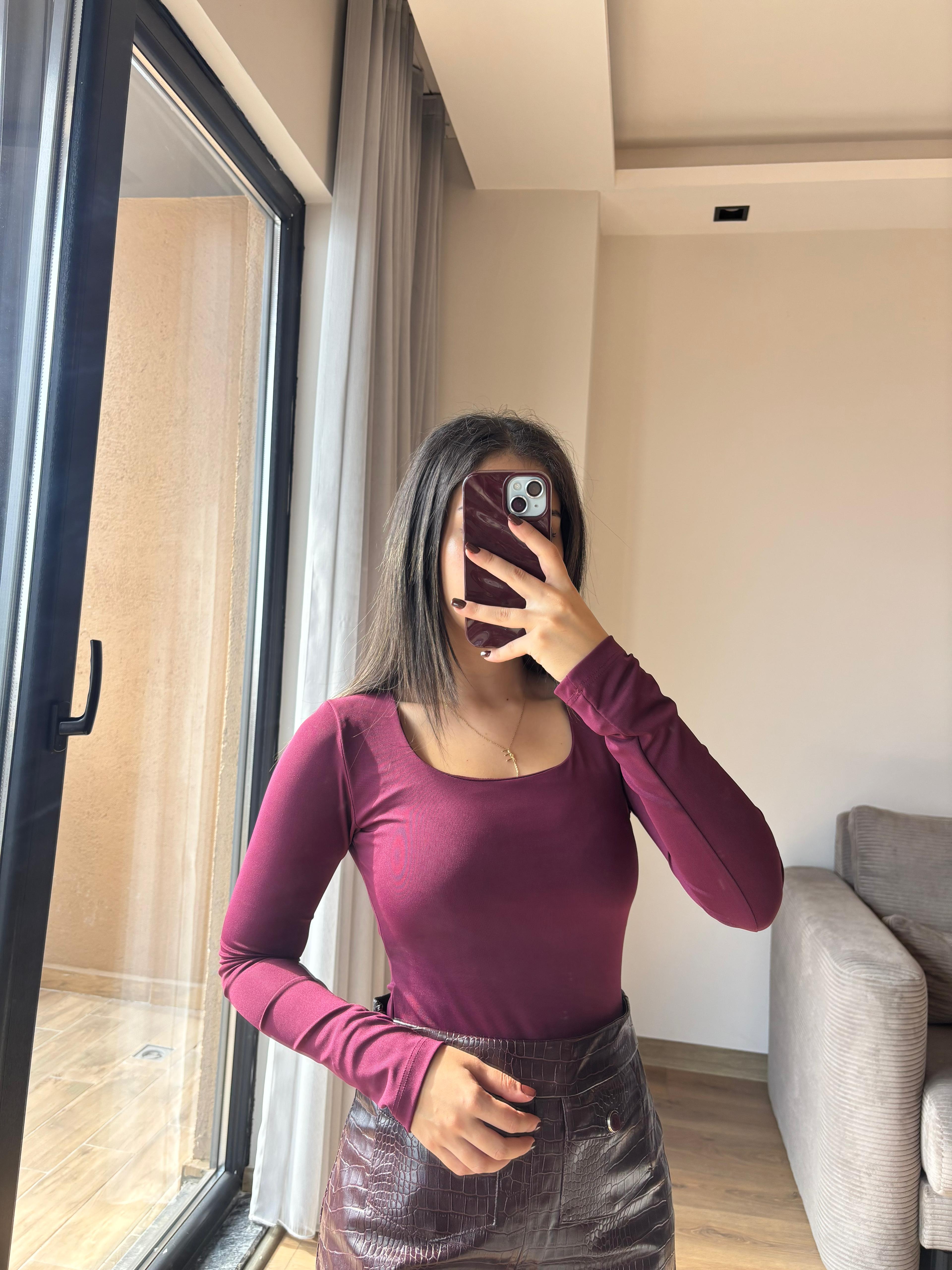 Mürdüm Kare Yaka Bodysuit