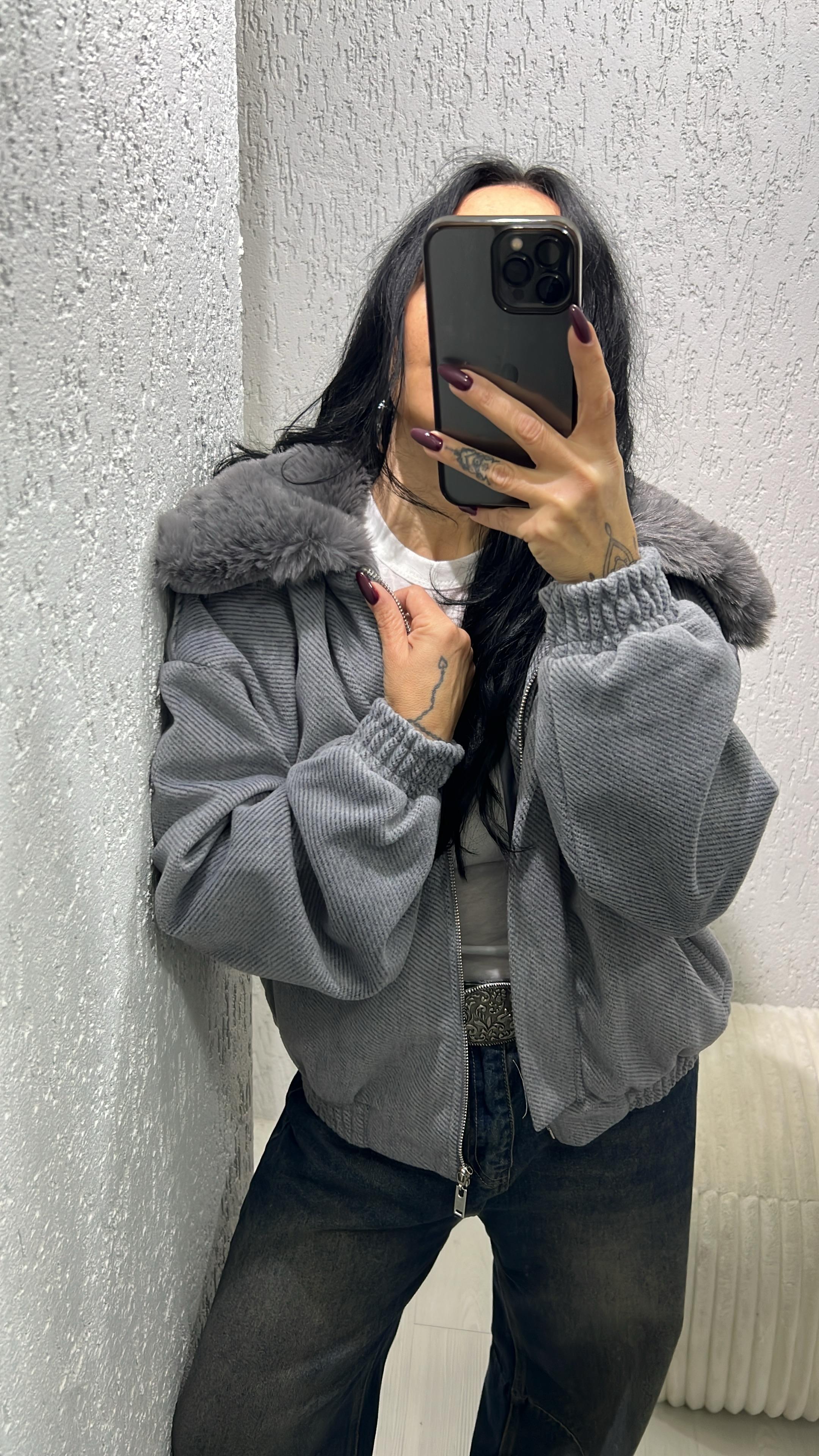 Yaka Kürklü Bomber Ceket - Gri