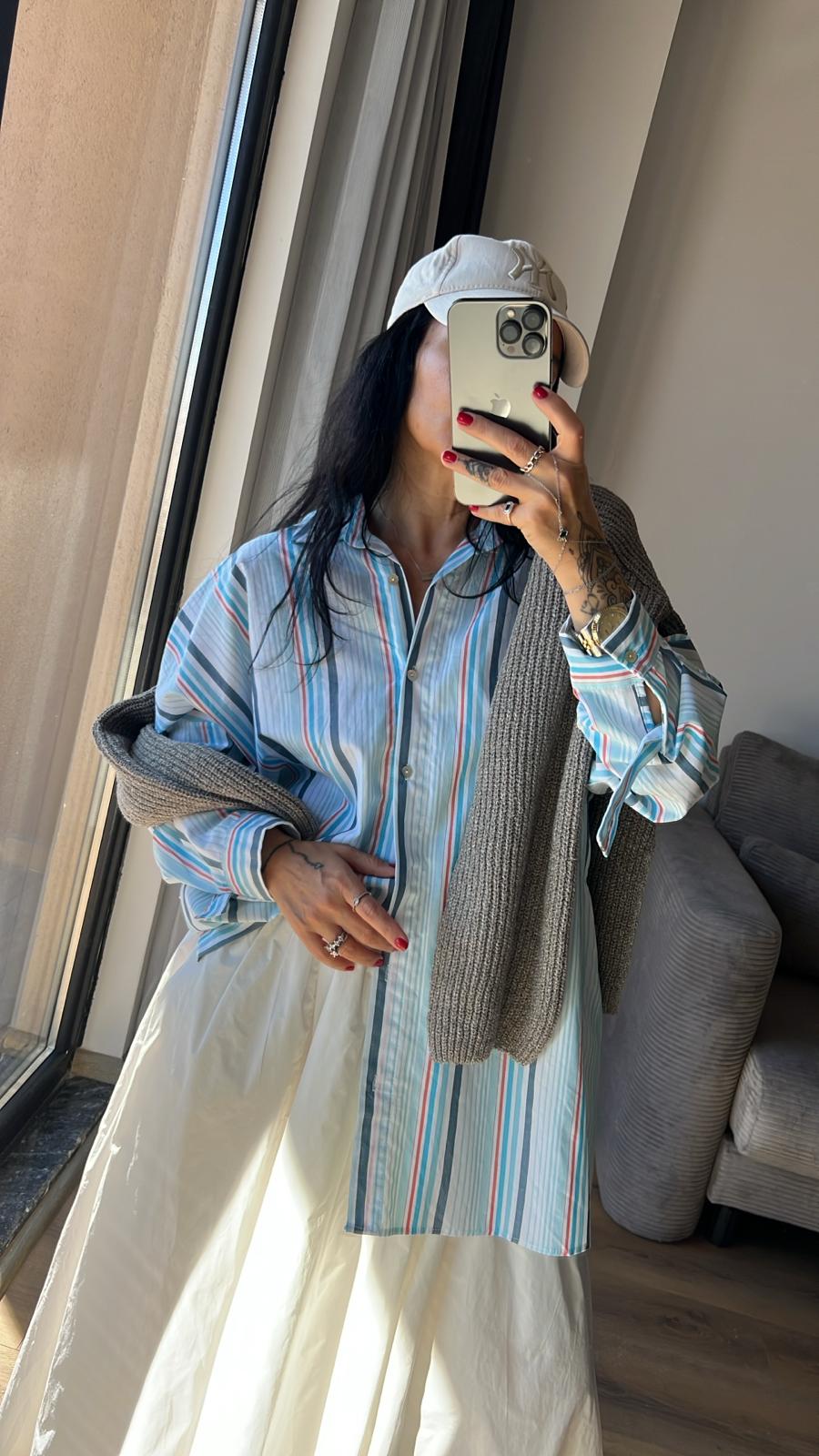 Dikey Çizgili Oversize Gömlek 