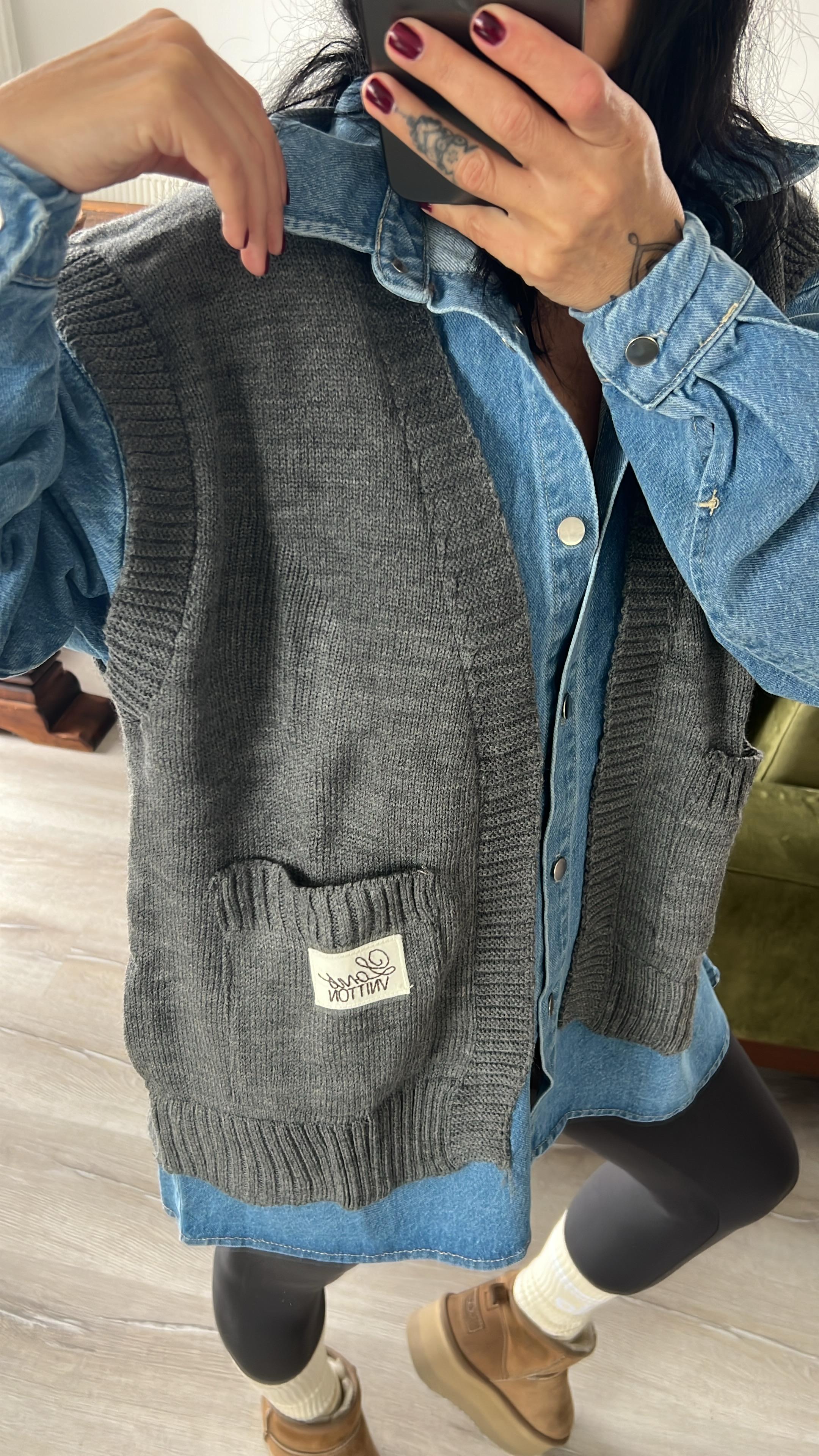 Garnili Triko Detaylı Denim Gömlek