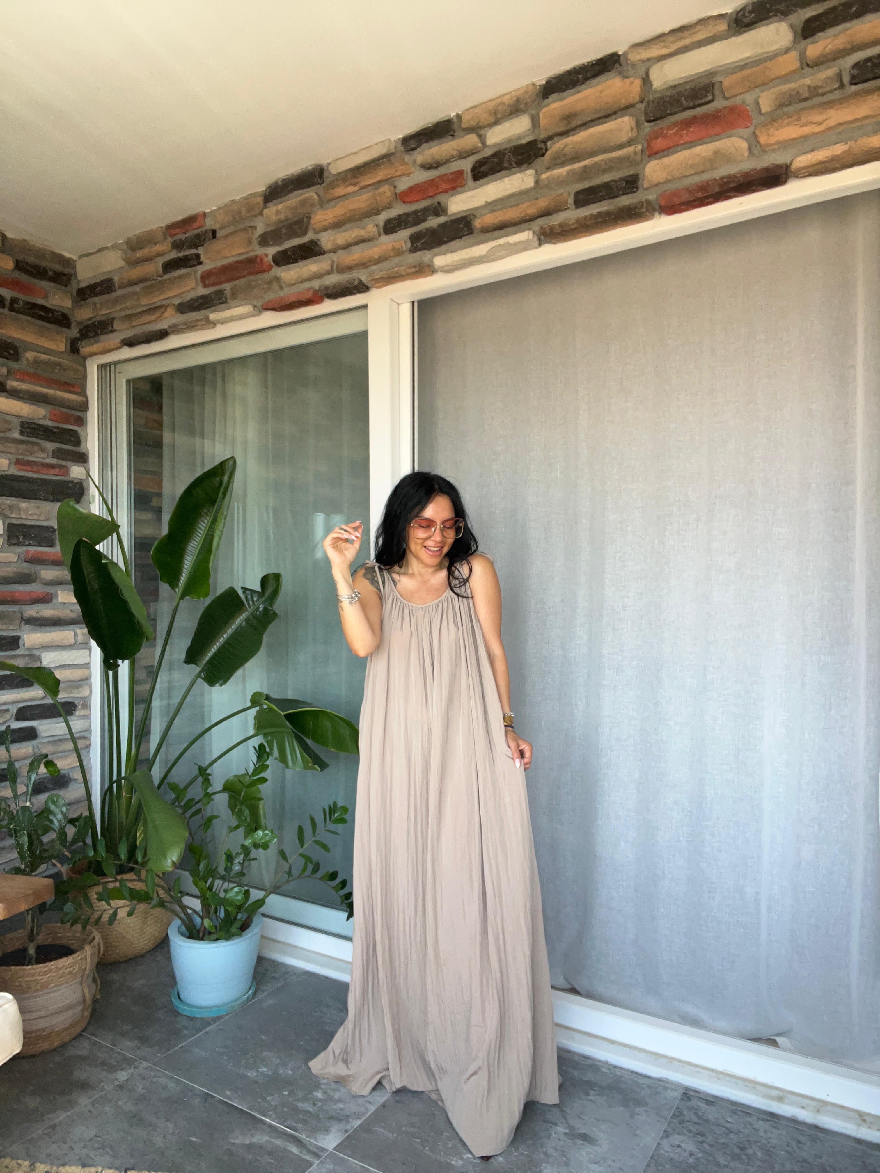 Camel Kraşlı Maxi Elbise