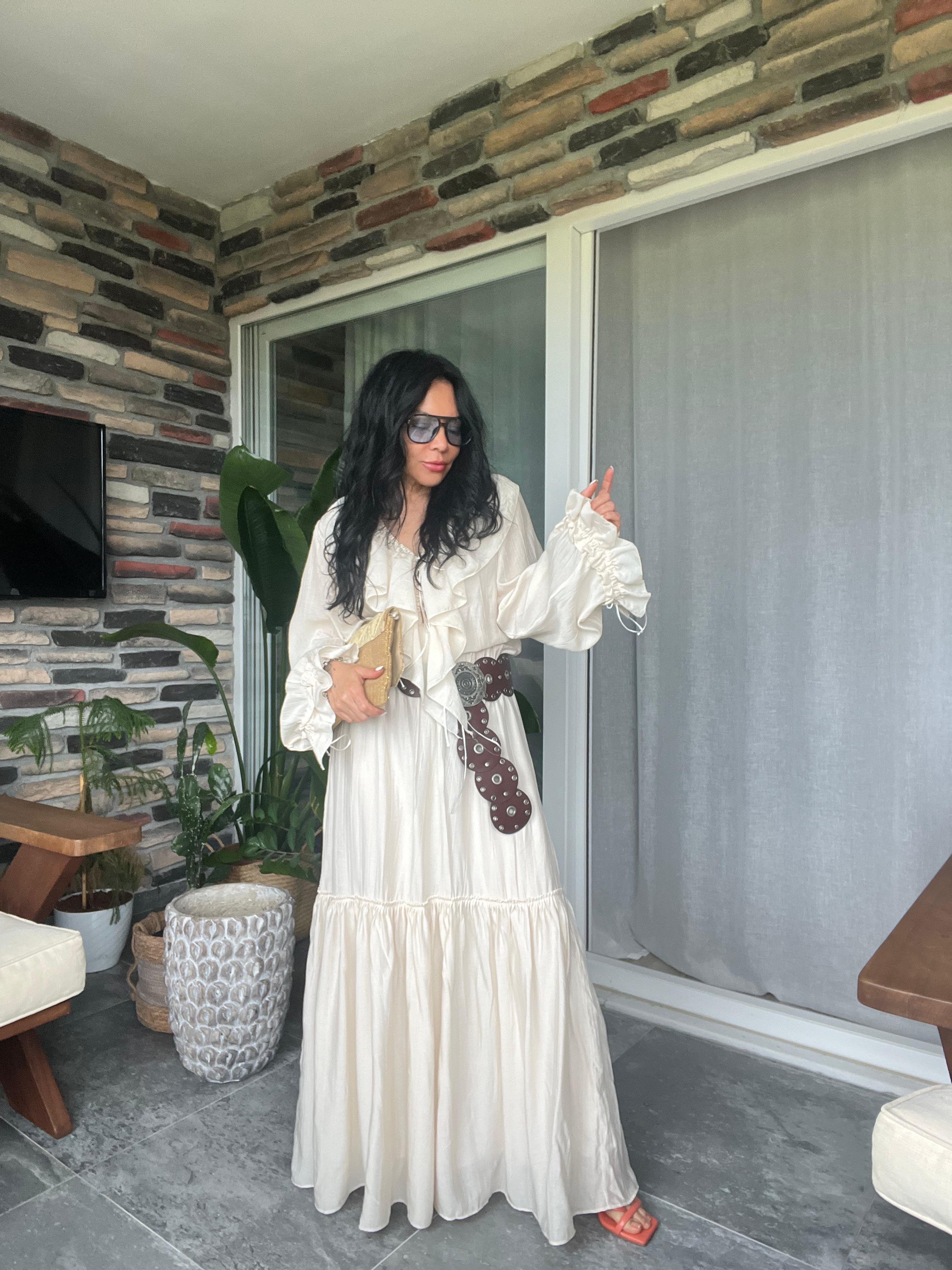 Fırfırlı Taş Rengi Maxi Elbise 