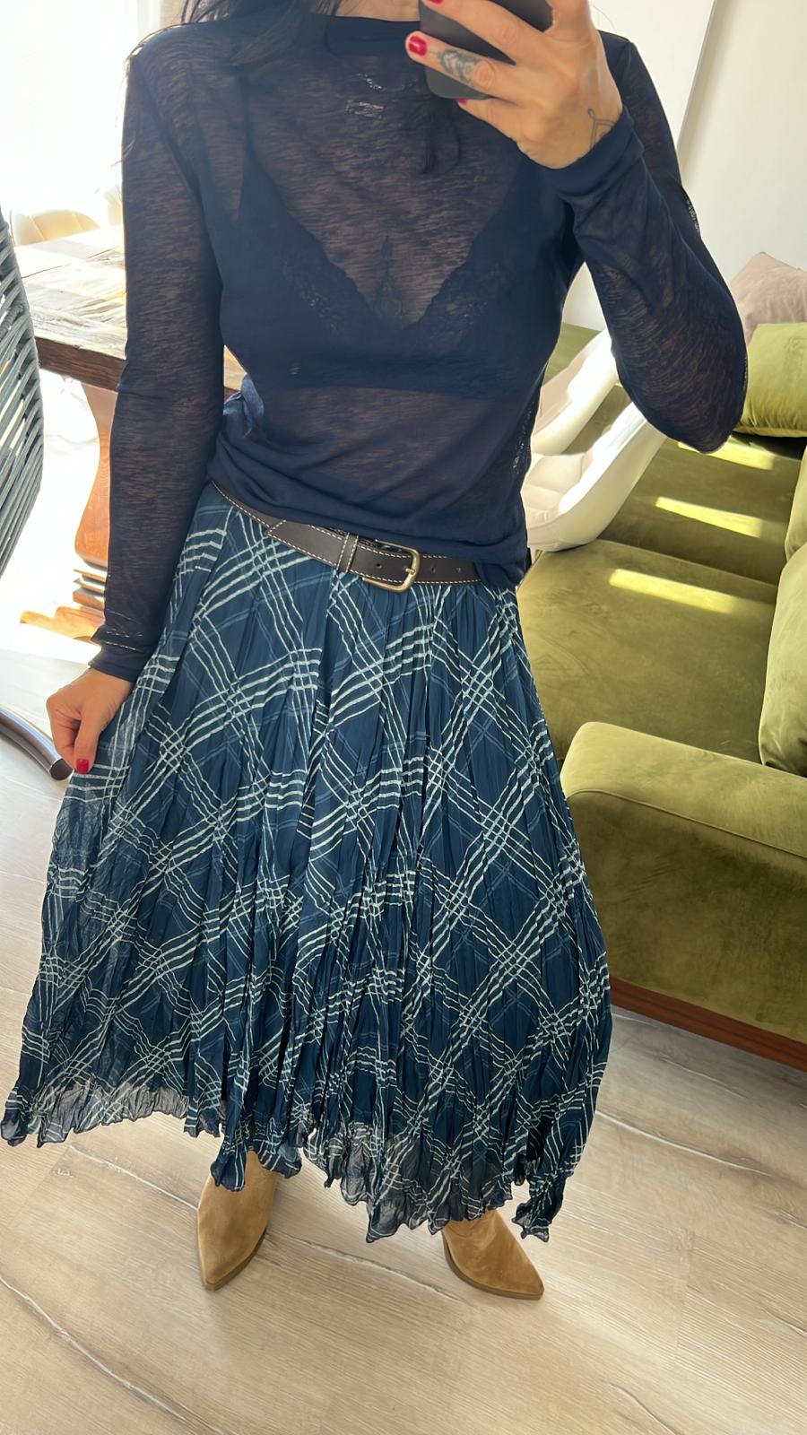 Petrol Mavisi Ekose Desenli Pliseli Asimetrik Etek