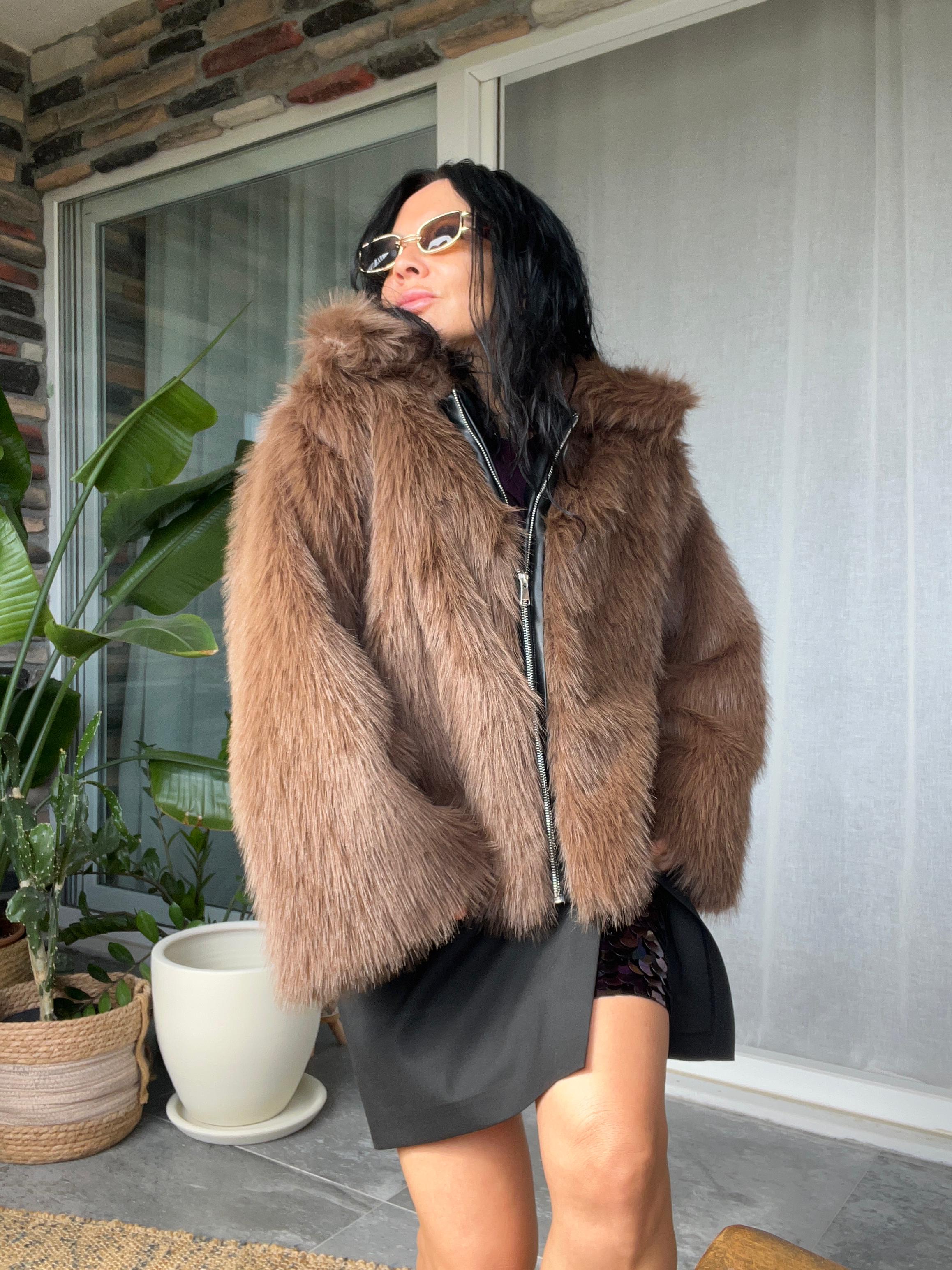 Deri Fermuar Detaylı Premium Kürk 