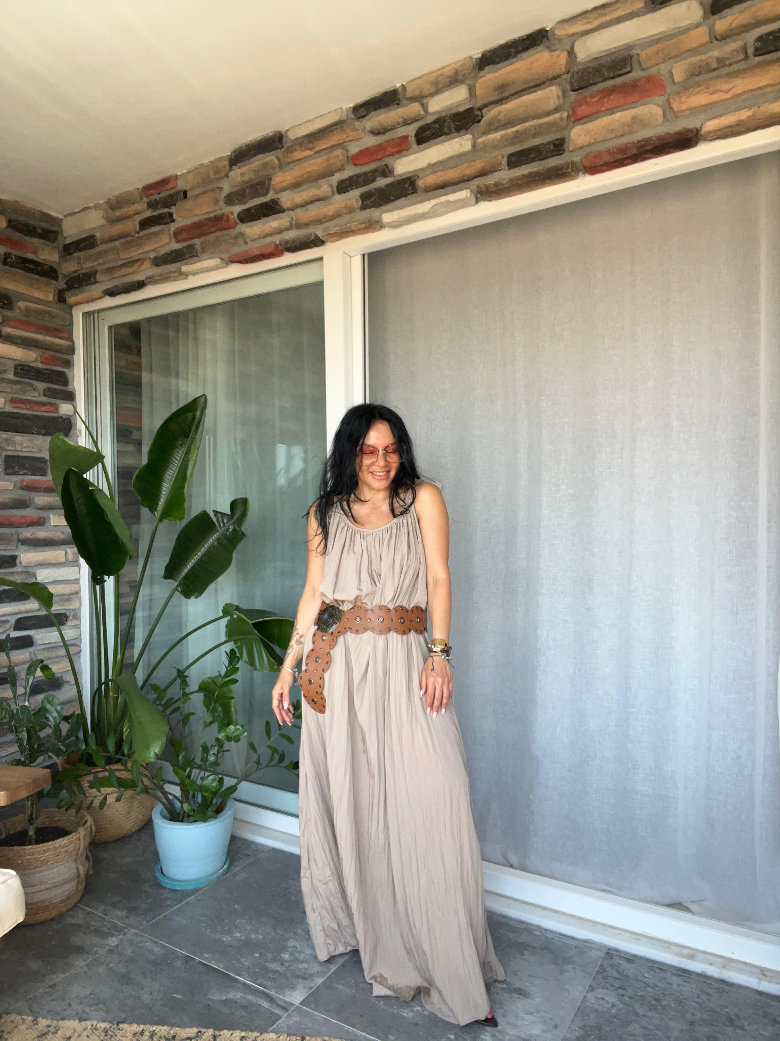 Camel Kraşlı Maxi Elbise