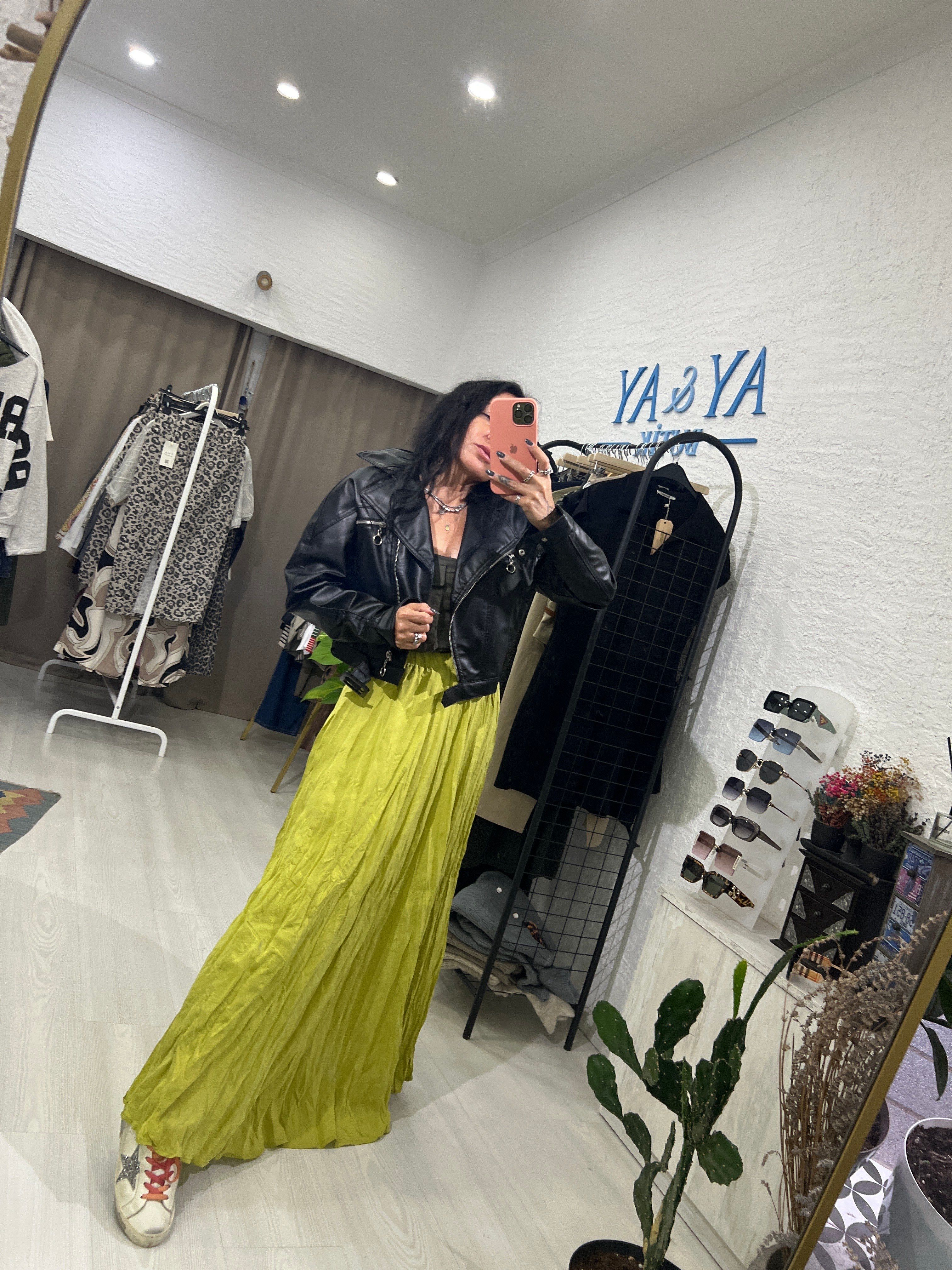 Çimen Yeşili Kırışık Doku Etek
