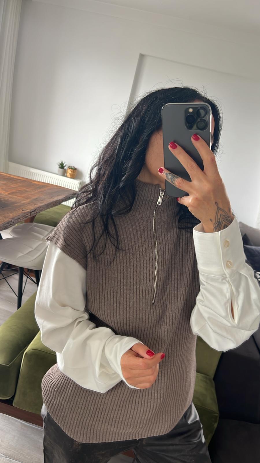 ZR Yarım Fermuarlı Vizon Triko Kazak