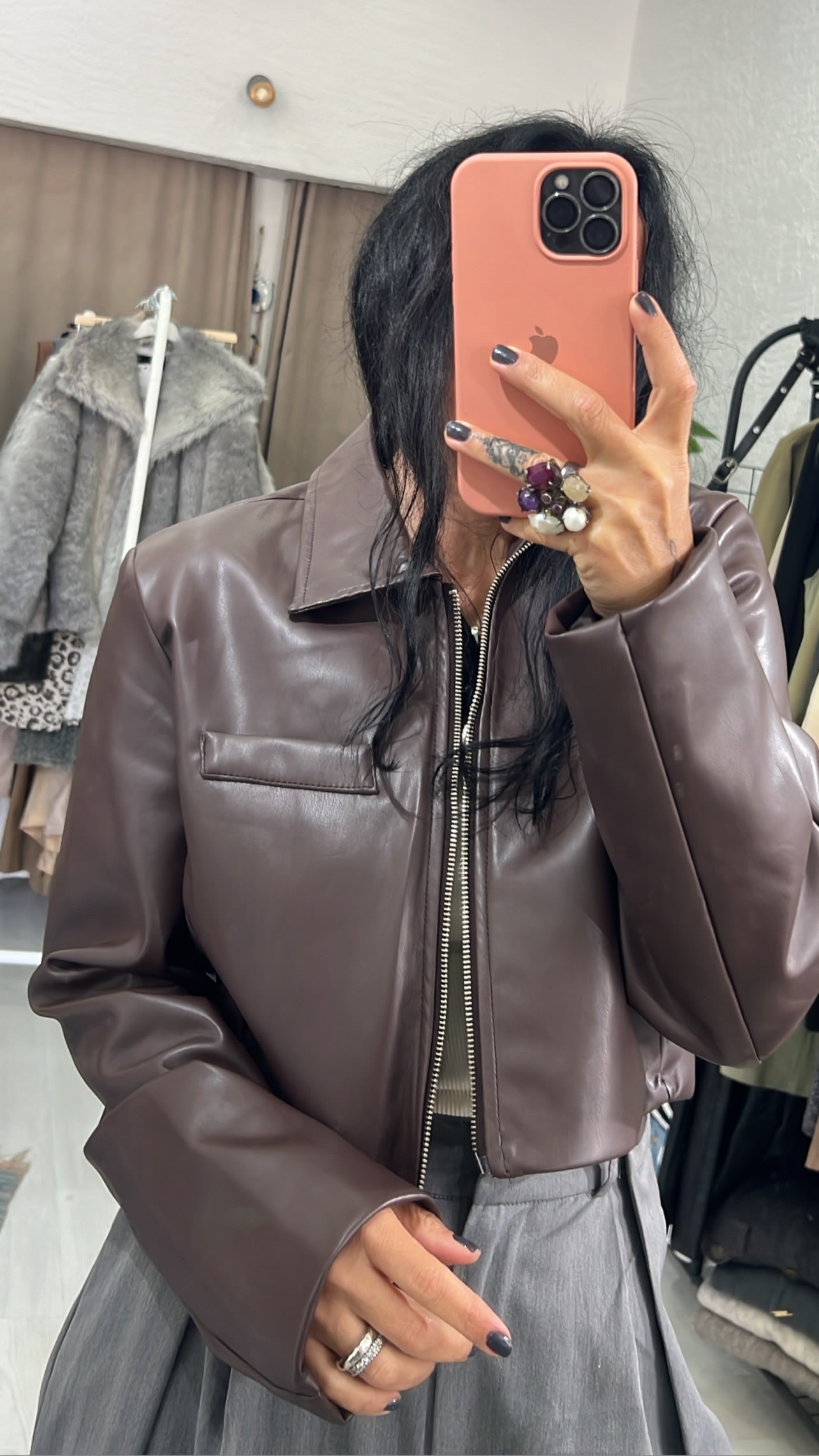 Bordo Crop Deri Ceket 