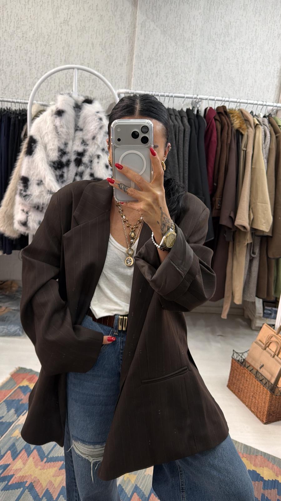 Kahve Çizgili Oversize Blazer Ceket 