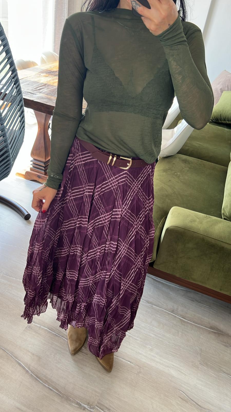 Mürdüm Ekose Desenli Pliseli Asimetrik Etek