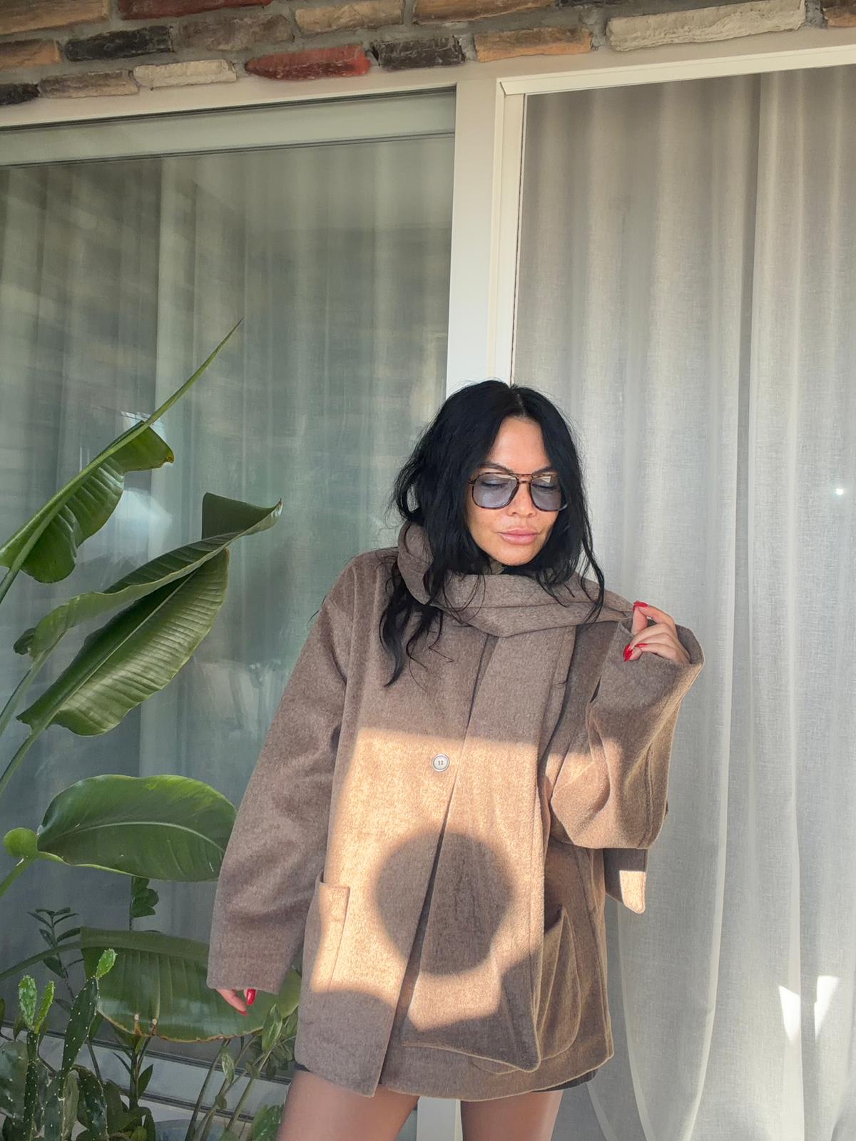 Şal Detaylı Düğmeli Kaşe Ceket - Vizon