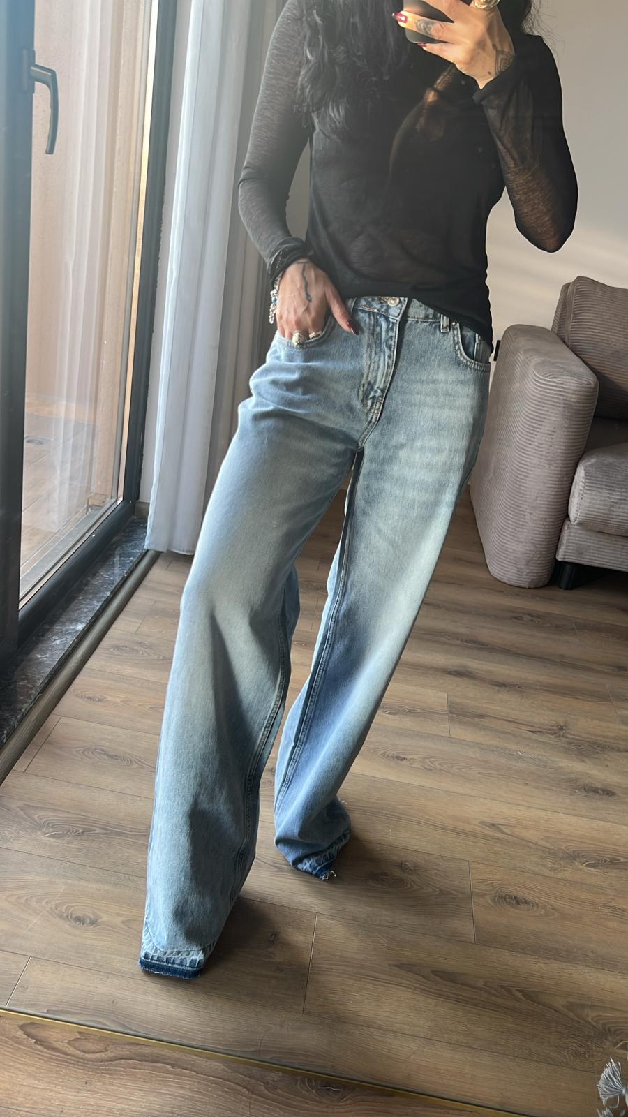 Paça Ucu İzli Orta Bel Mavi Denim Pantolon