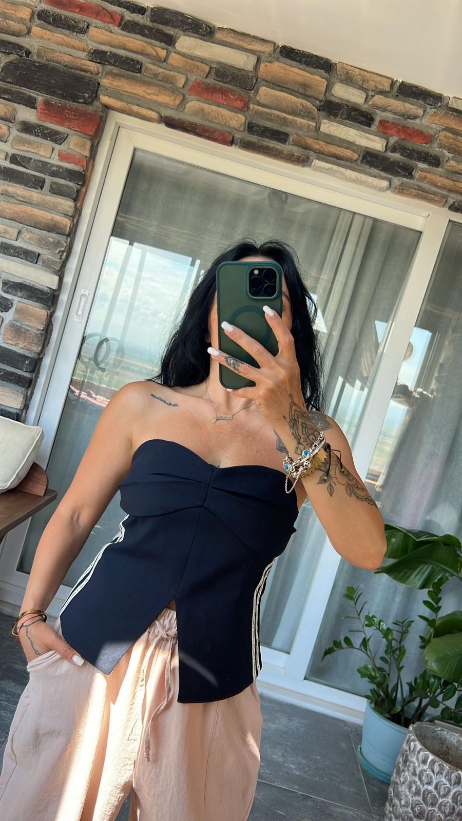 Arkası Fermuarlı Lacivert Crop Bluz