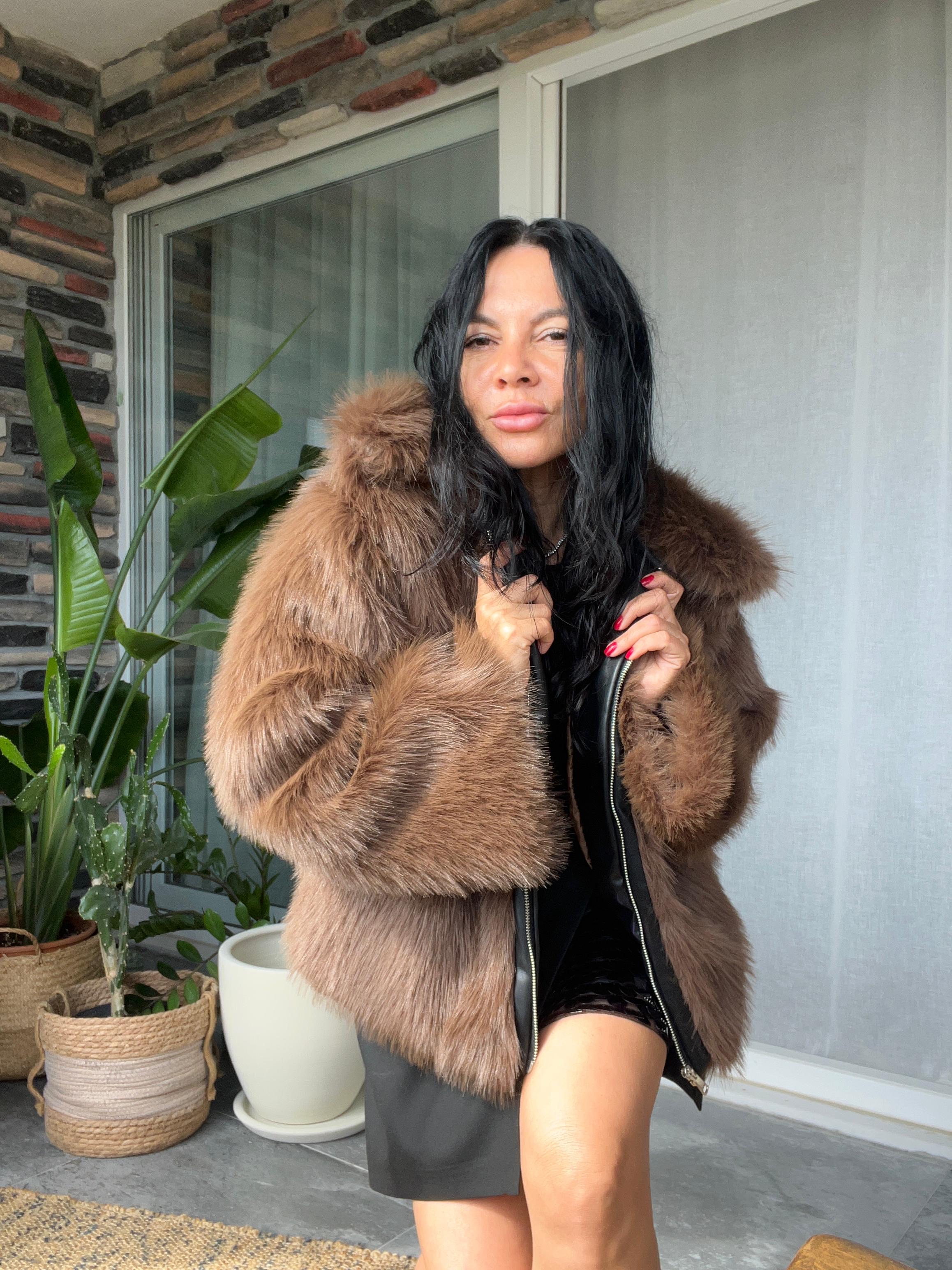 Deri Fermuar Detaylı Premium Kürk 