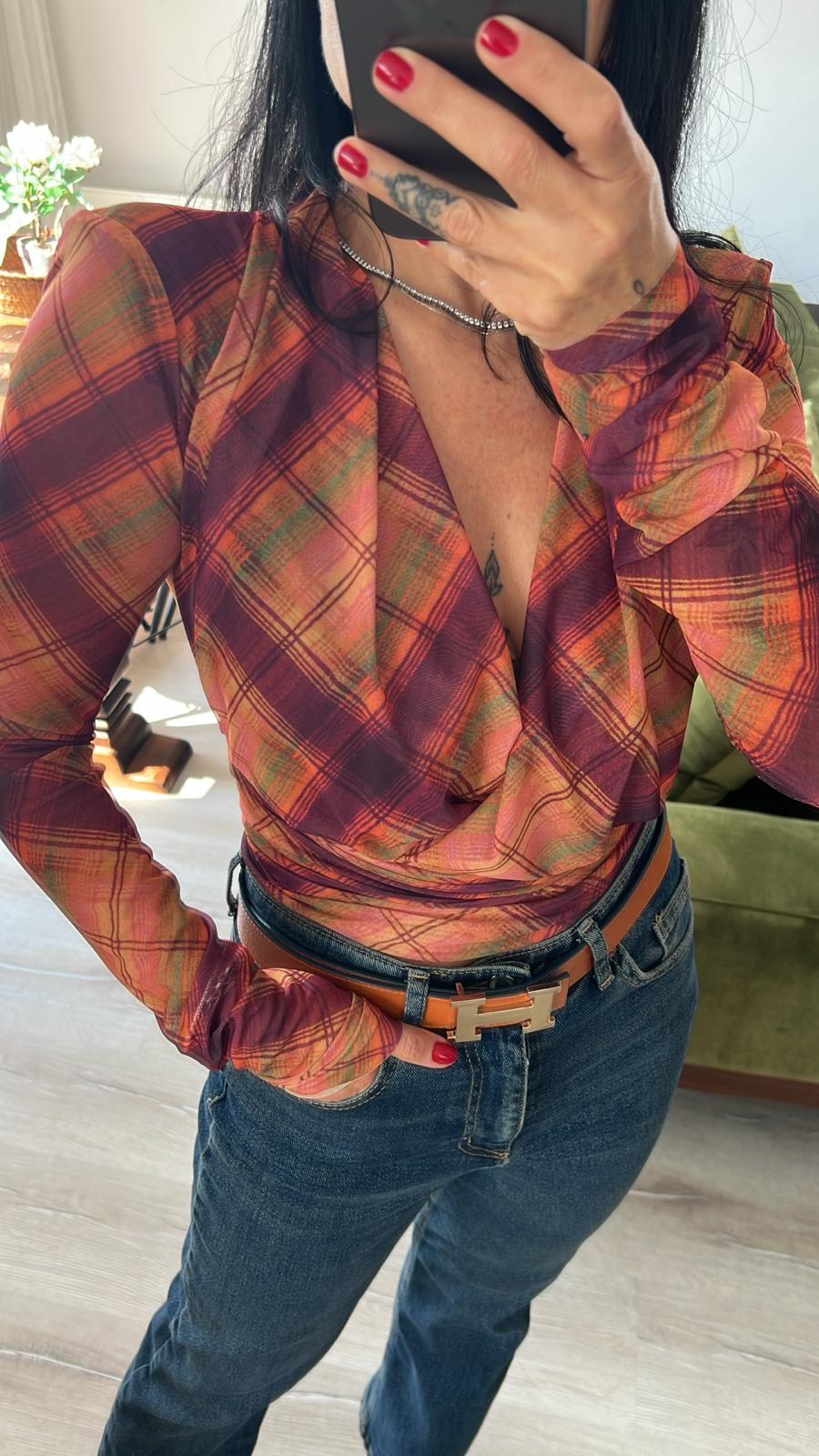 Ekose Desen Kruvaze Vatkalı Bluz